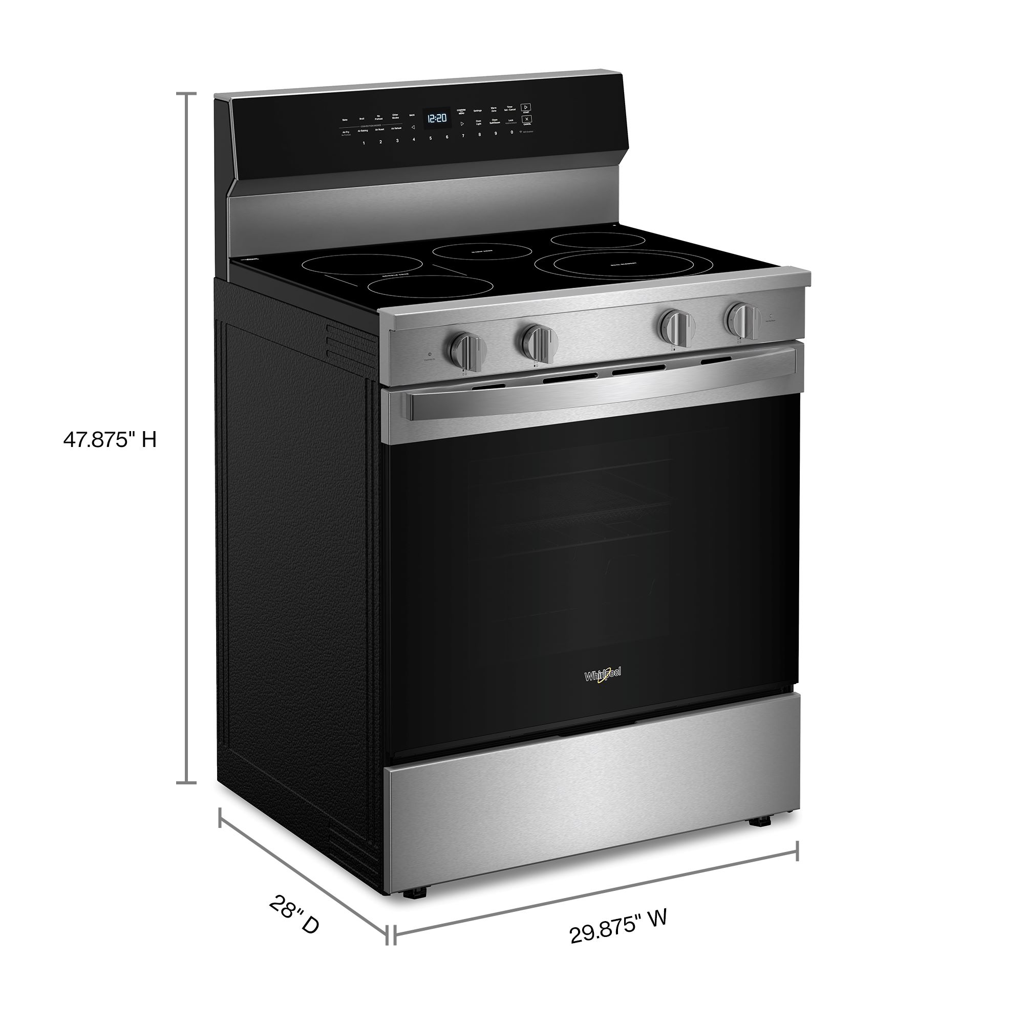 Estufa eléctrica de piso Whirlpool de 30 pulgadas con 5 quemadores de vidrio y horno de convección con freidora de aire de alta velocidad y precalentamiento rápido de 5.3 pies cúbicos con recubrimiento WipeClean (acero inoxidable) WFES7530RZ