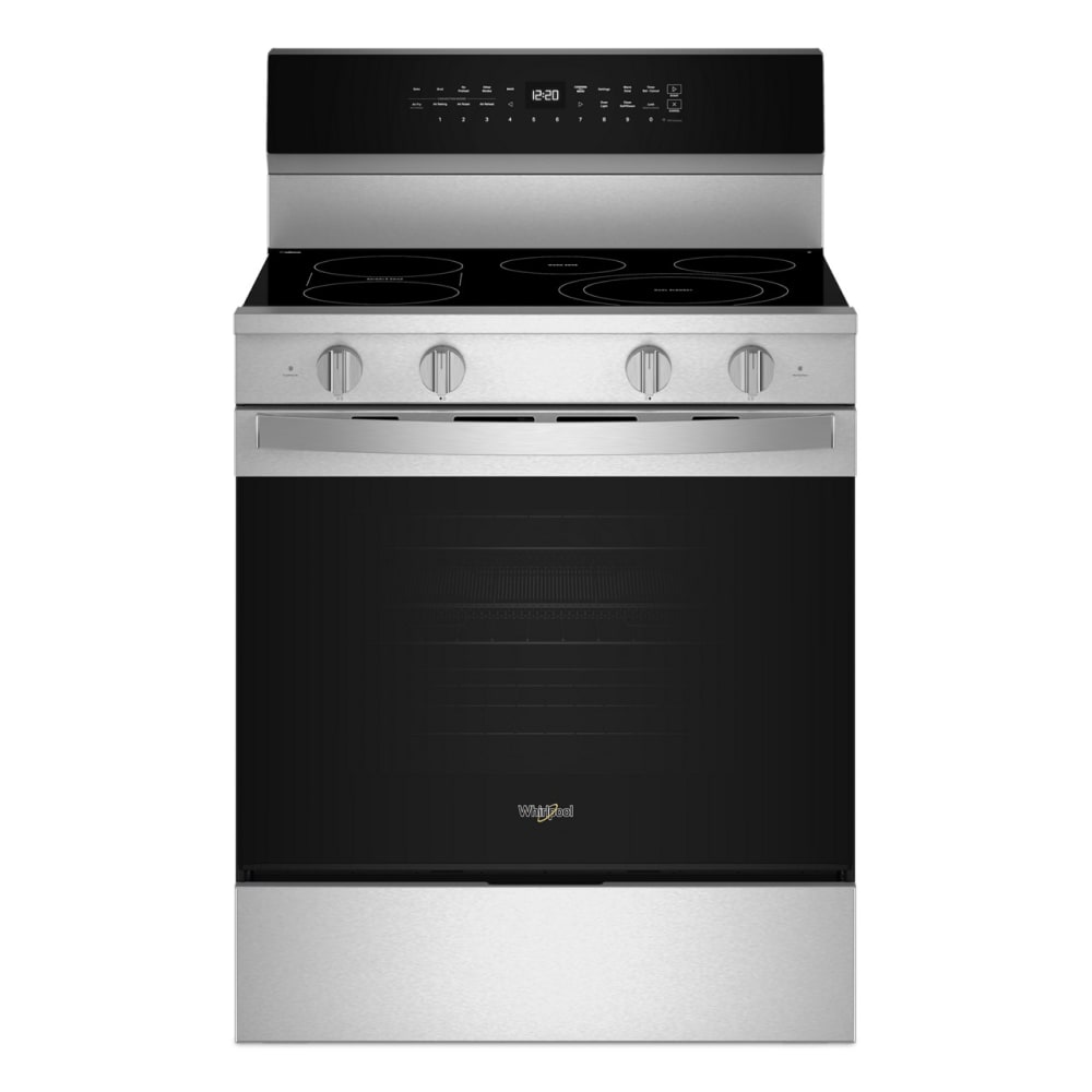 Estufa eléctrica de piso Whirlpool de 30 pulgadas con 5 quemadores de vidrio y horno de convección con freidora de aire de alta velocidad y precalentamiento rápido de 5.3 pies cúbicos con recubrimiento WipeClean (acero inoxidable) WFES7530RZ