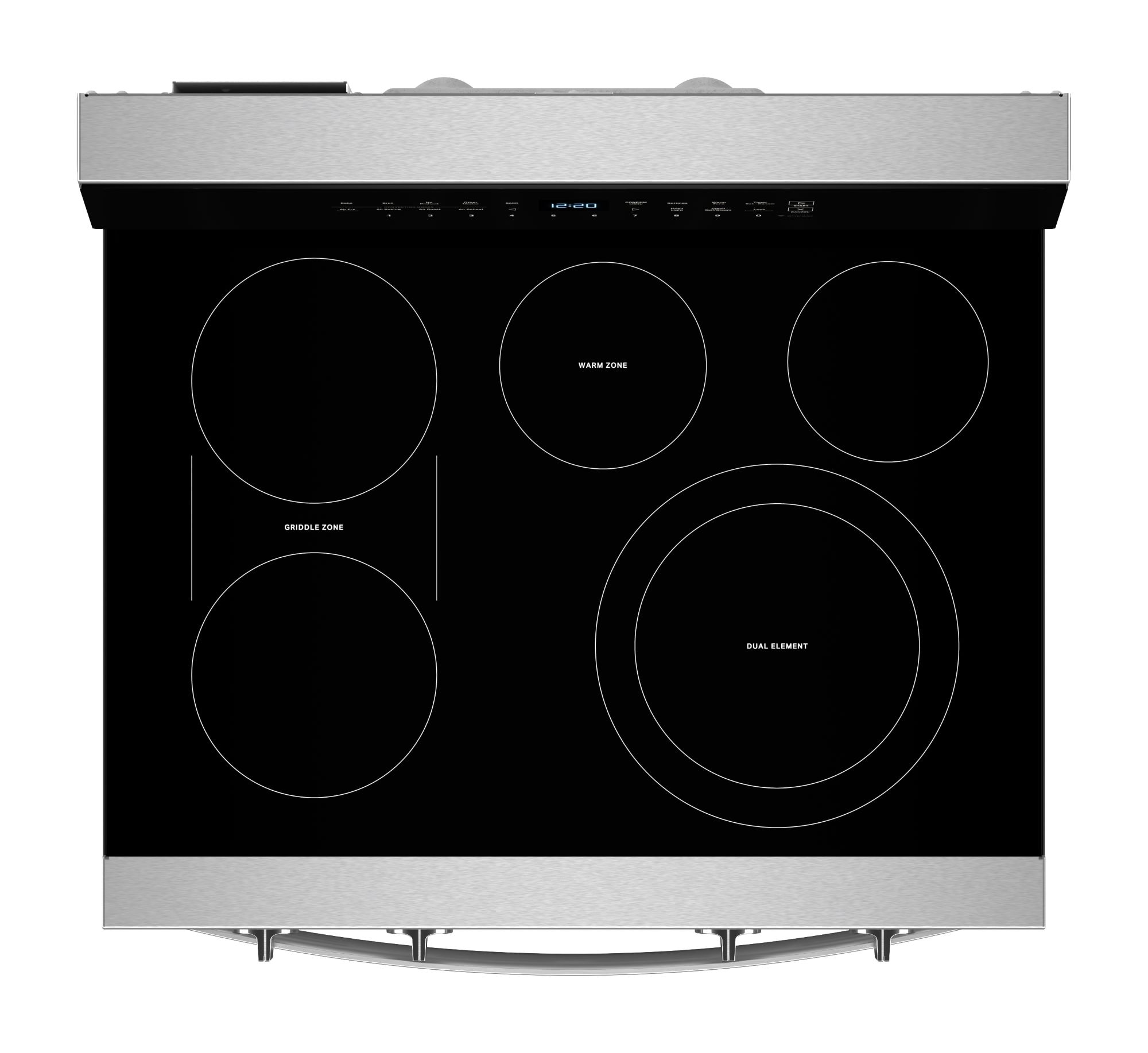 Estufa eléctrica de piso Whirlpool de 30 pulgadas con 5 quemadores de vidrio y horno de convección con freidora de aire de alta velocidad y precalentamiento rápido de 5.3 pies cúbicos con recubrimiento WipeClean (acero inoxidable) WFES7530RZ