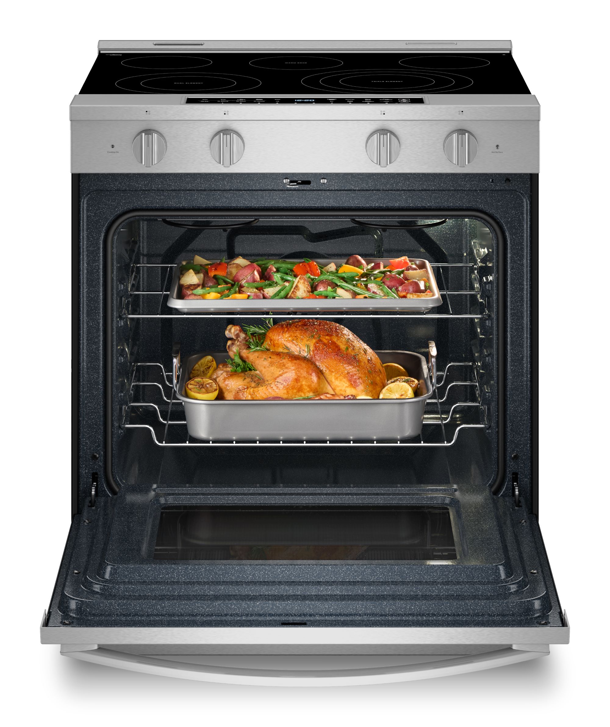 Estufa eléctrica deslizable Whirlpool de 5 quemadores y 5.3 pies cúbicos con horno de convección y freidora de aire en la parte superior de vidrio de 30 pulgadas con recubrimiento WipeClean (Acero Inoxidable Resistente a las Huellas Dactilares) WSES7530RZ