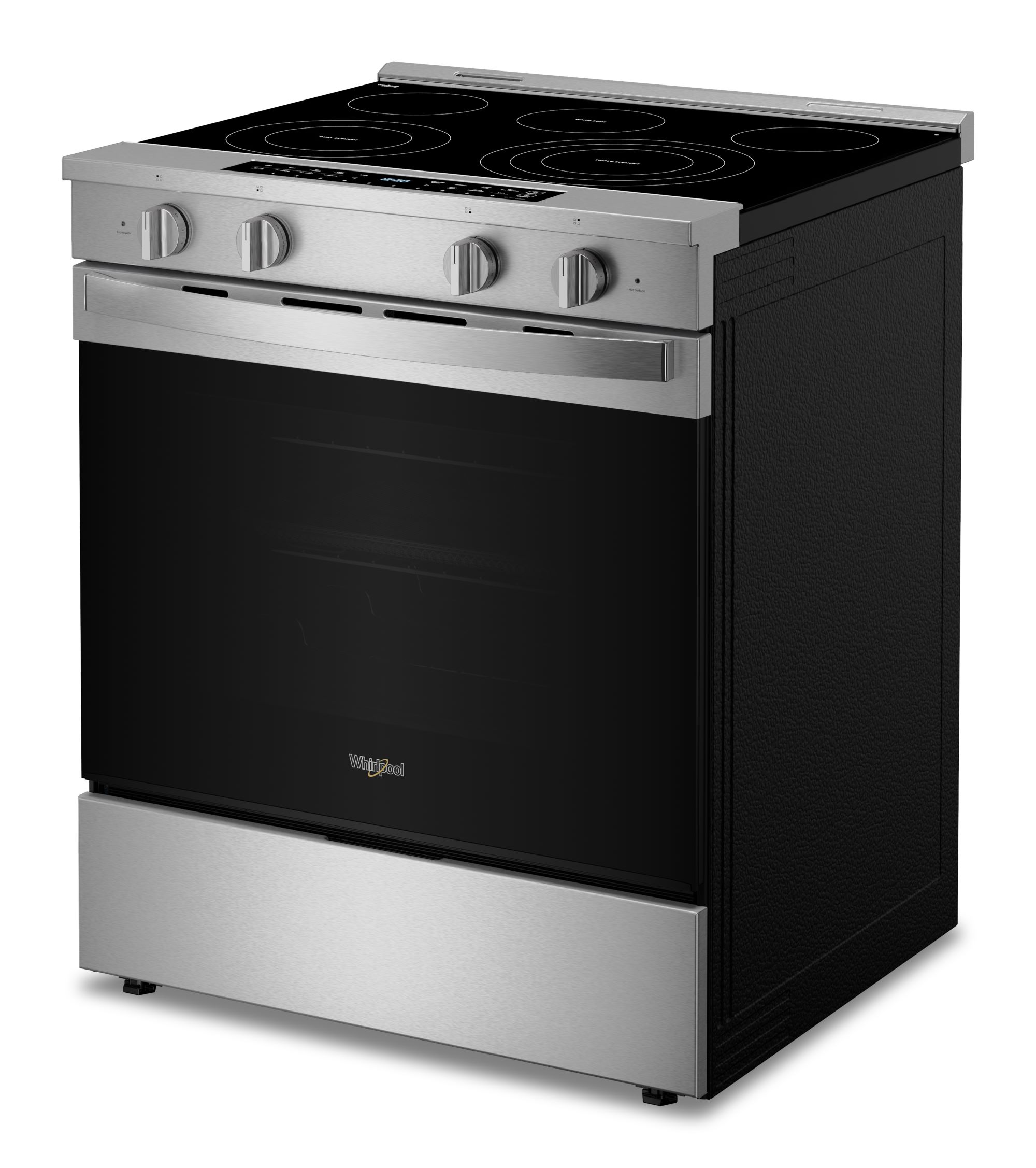 Estufa eléctrica deslizable Whirlpool de 5 quemadores y 5.3 pies cúbicos con horno de convección y freidora de aire en la parte superior de vidrio de 30 pulgadas con recubrimiento WipeClean (Acero Inoxidable Resistente a las Huellas Dactilares) WSES7530RZ
