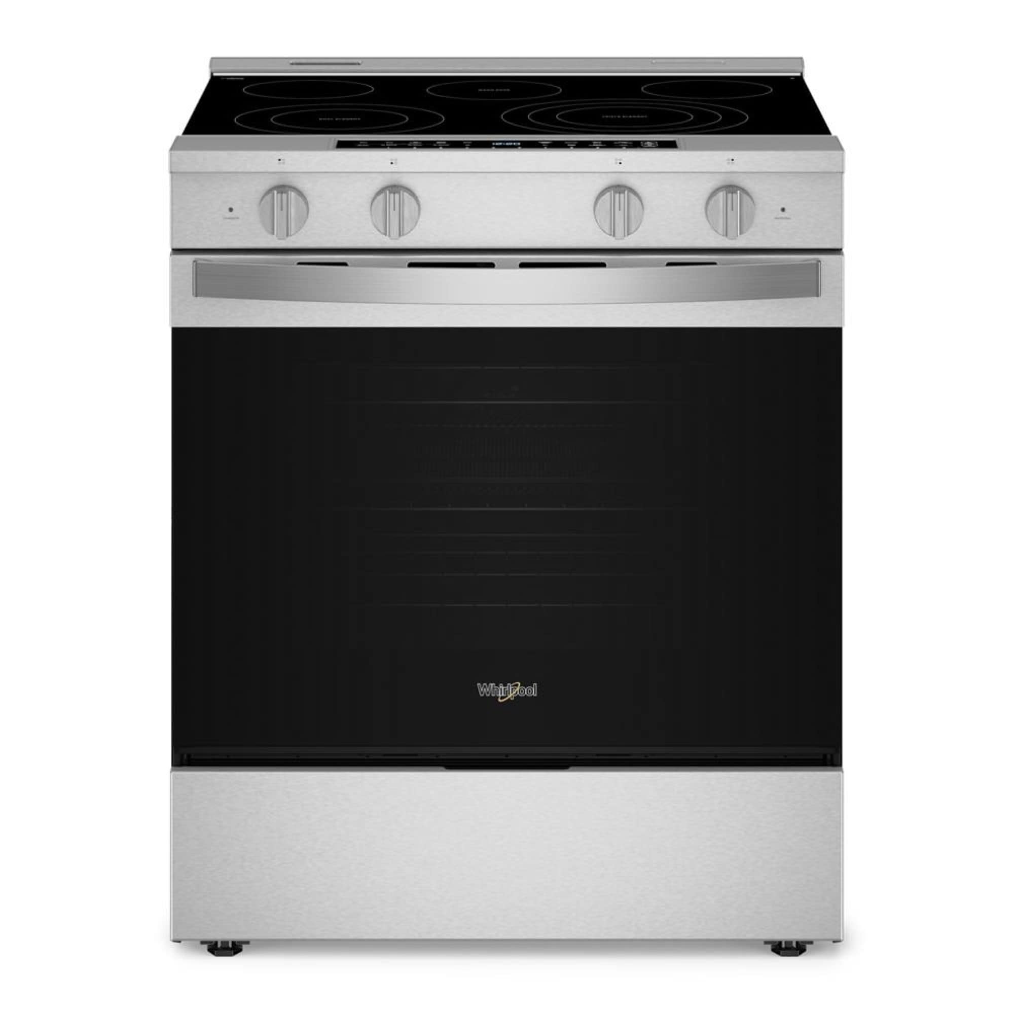 Estufa eléctrica deslizable Whirlpool de 5 quemadores y 5.3 pies cúbicos con horno de convección y freidora de aire en la parte superior de vidrio de 30 pulgadas con recubrimiento WipeClean (Acero Inoxidable Resistente a las Huellas Dactilares) WSES7530RZ