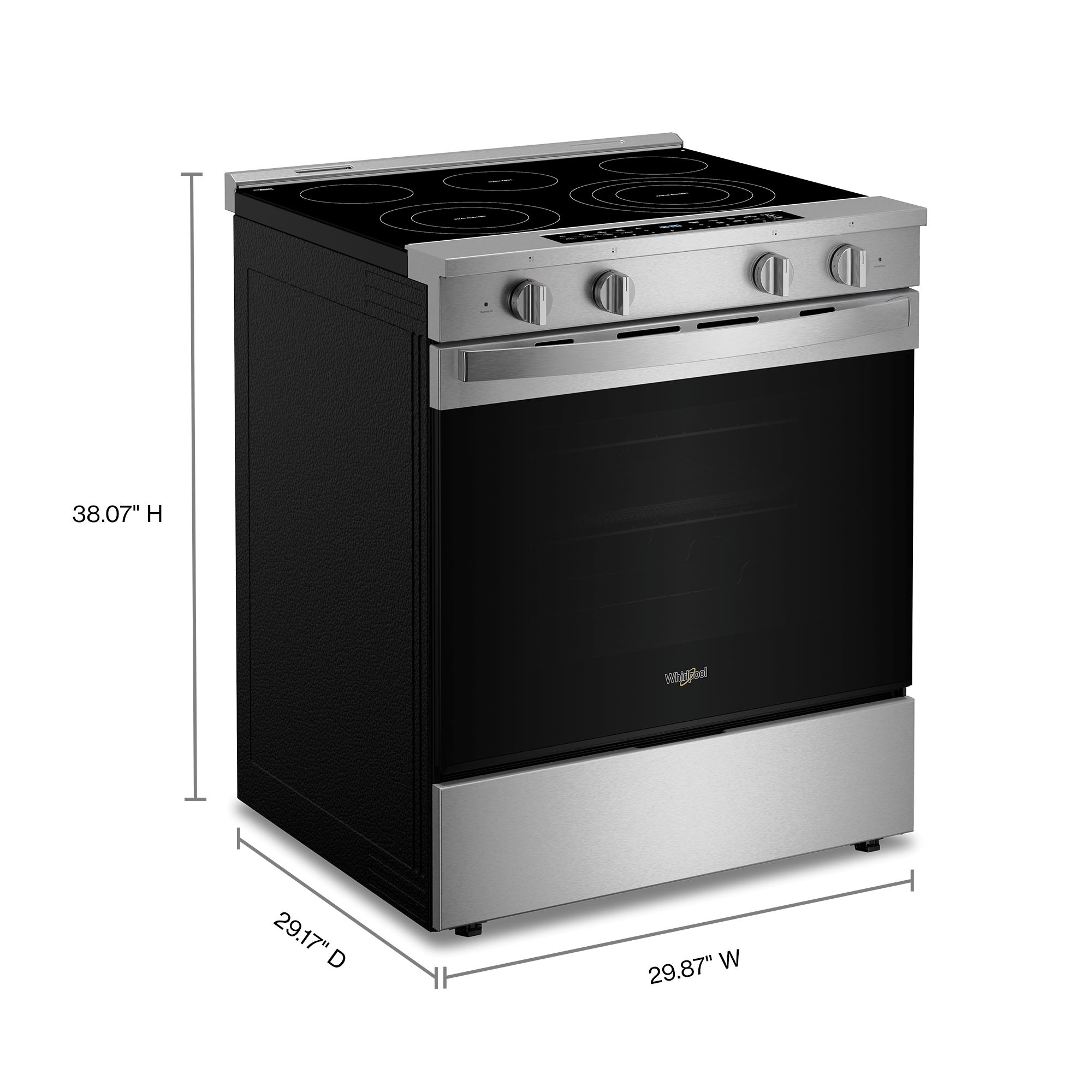 Estufa eléctrica deslizable Whirlpool de 5 quemadores y 5.3 pies cúbicos con horno de convección y freidora de aire en la parte superior de vidrio de 30 pulgadas con recubrimiento WipeClean (Acero Inoxidable Resistente a las Huellas Dactilares) WSES7530RZ