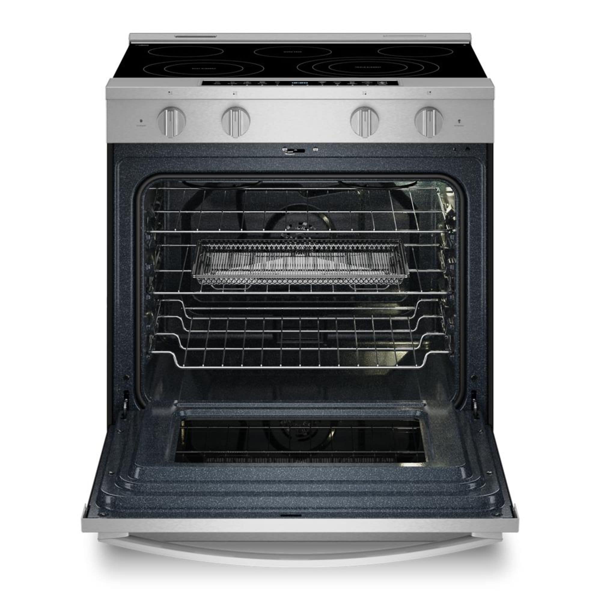 Estufa eléctrica deslizable Whirlpool de 5 quemadores y 5.3 pies cúbicos con horno de convección y freidora de aire en la parte superior de vidrio de 30 pulgadas con recubrimiento WipeClean (Acero Inoxidable Resistente a las Huellas Dactilares) WSES7530RZ