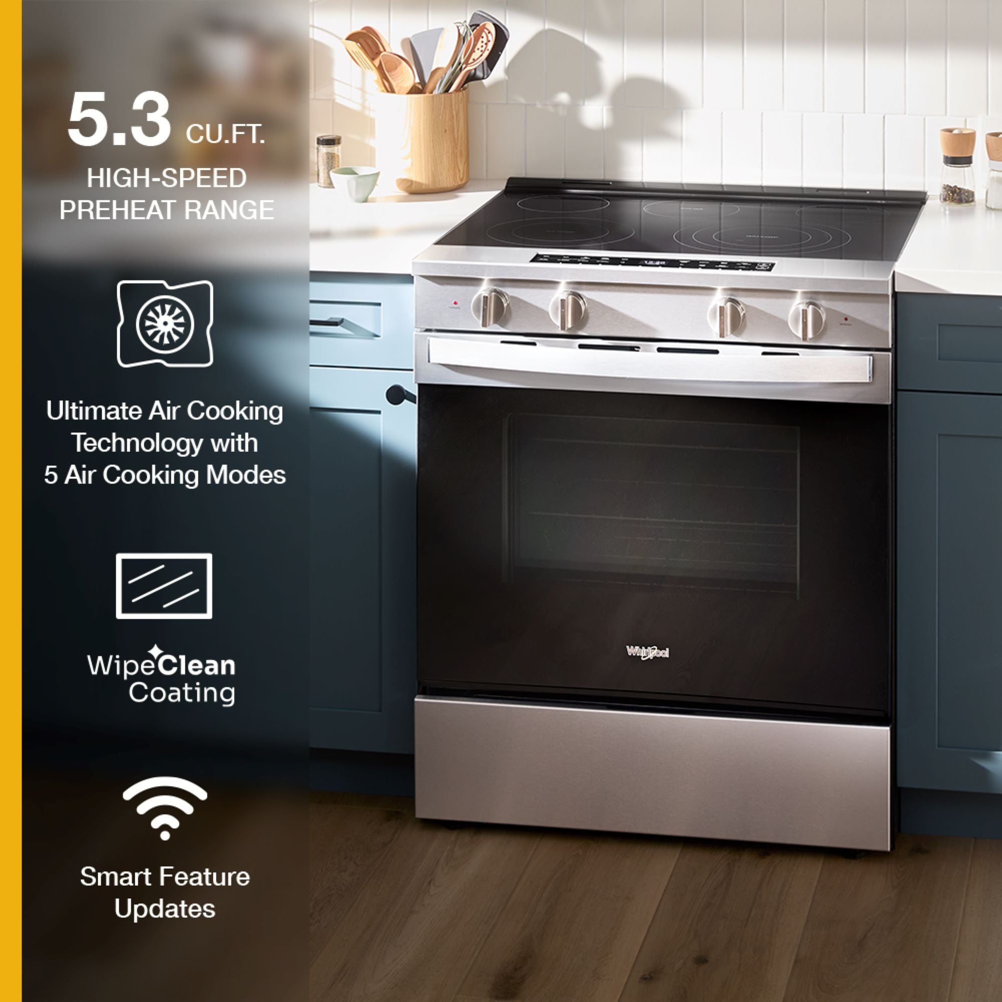 Estufa eléctrica deslizable Whirlpool de 5 quemadores y 5.3 pies cúbicos con horno de convección y freidora de aire en la parte superior de vidrio de 30 pulgadas con recubrimiento WipeClean (Acero Inoxidable Resistente a las Huellas Dactilares) WSES7530RZ