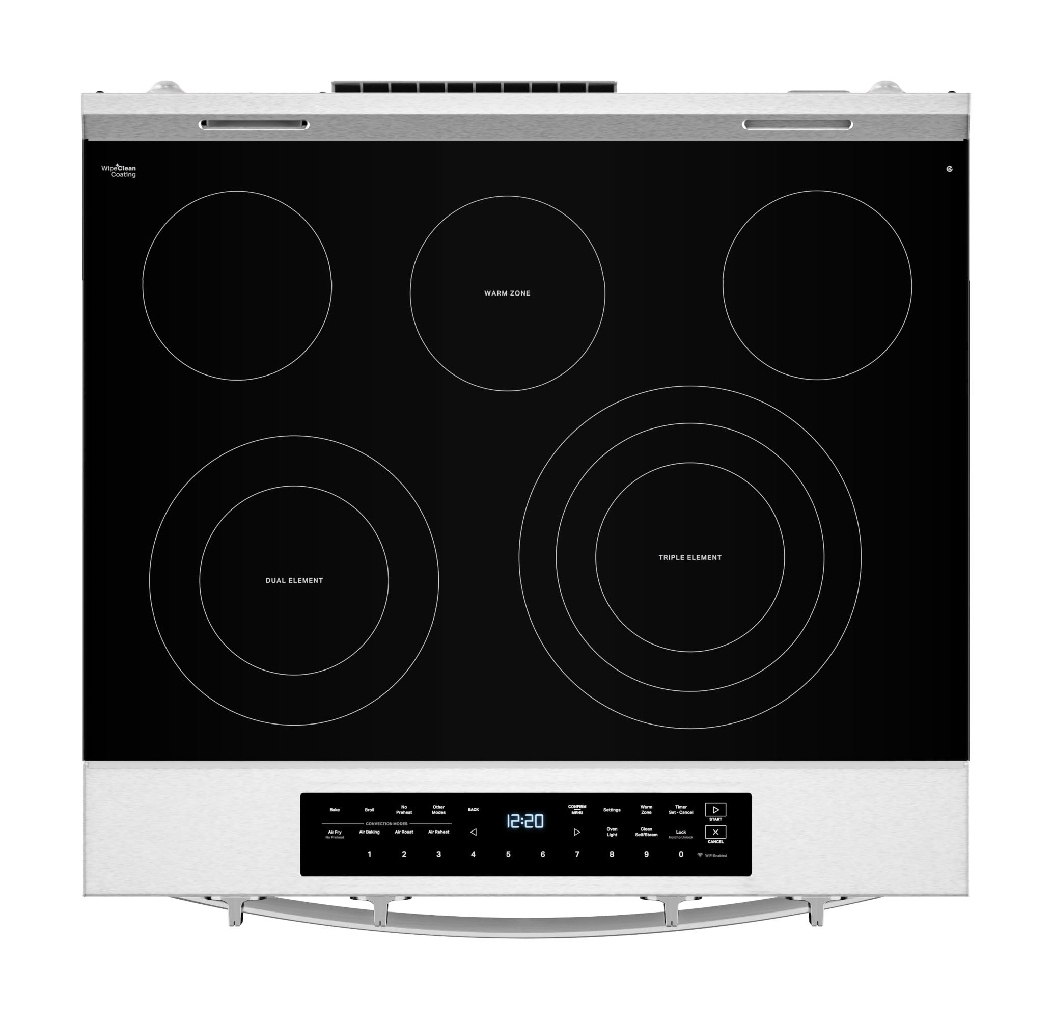 Estufa eléctrica deslizable Whirlpool de 5 quemadores y 5.3 pies cúbicos con horno de convección y freidora de aire en la parte superior de vidrio de 30 pulgadas con recubrimiento WipeClean (Acero Inoxidable Resistente a las Huellas Dactilares) WSES7530RZ