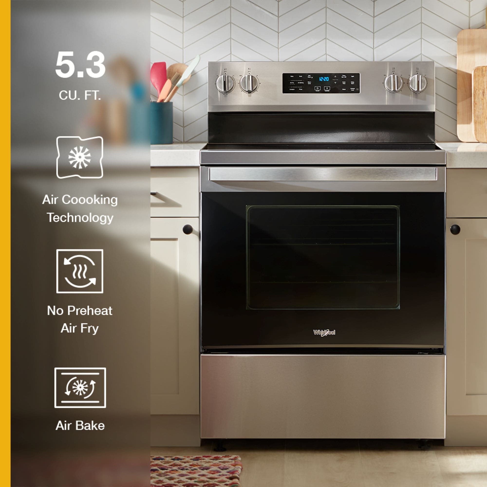 Tecnología de cocción al aire de Whirlpool 30" con cubierta de vidrio, 5 quemadores, horno de convección con freidora de aire de 5.3 pies cúbicos, gama eléctrica independiente (acero inoxidable resistente a huellas) WFES5030RZ
