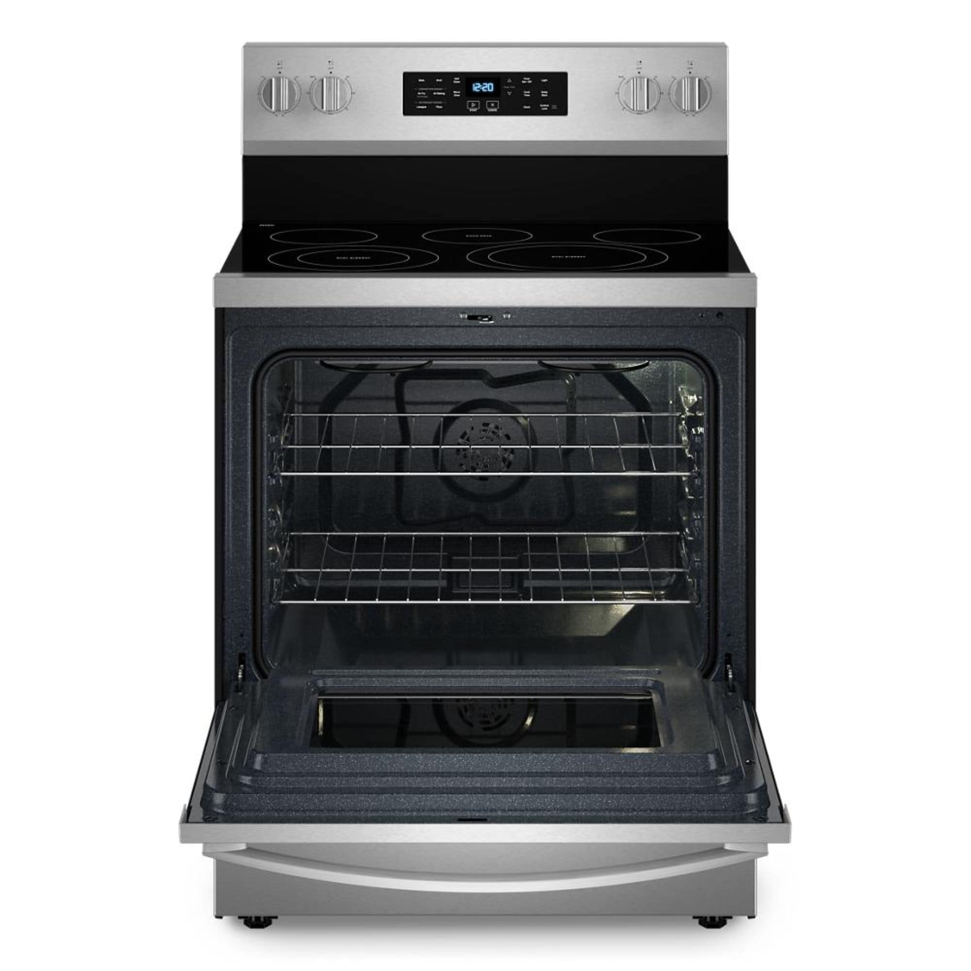 Tecnología de cocción al aire de Whirlpool 30" con cubierta de vidrio, 5 quemadores, horno de convección con freidora de aire de 5.3 pies cúbicos, gama eléctrica independiente (acero inoxidable resistente a huellas) WFES5030RZ