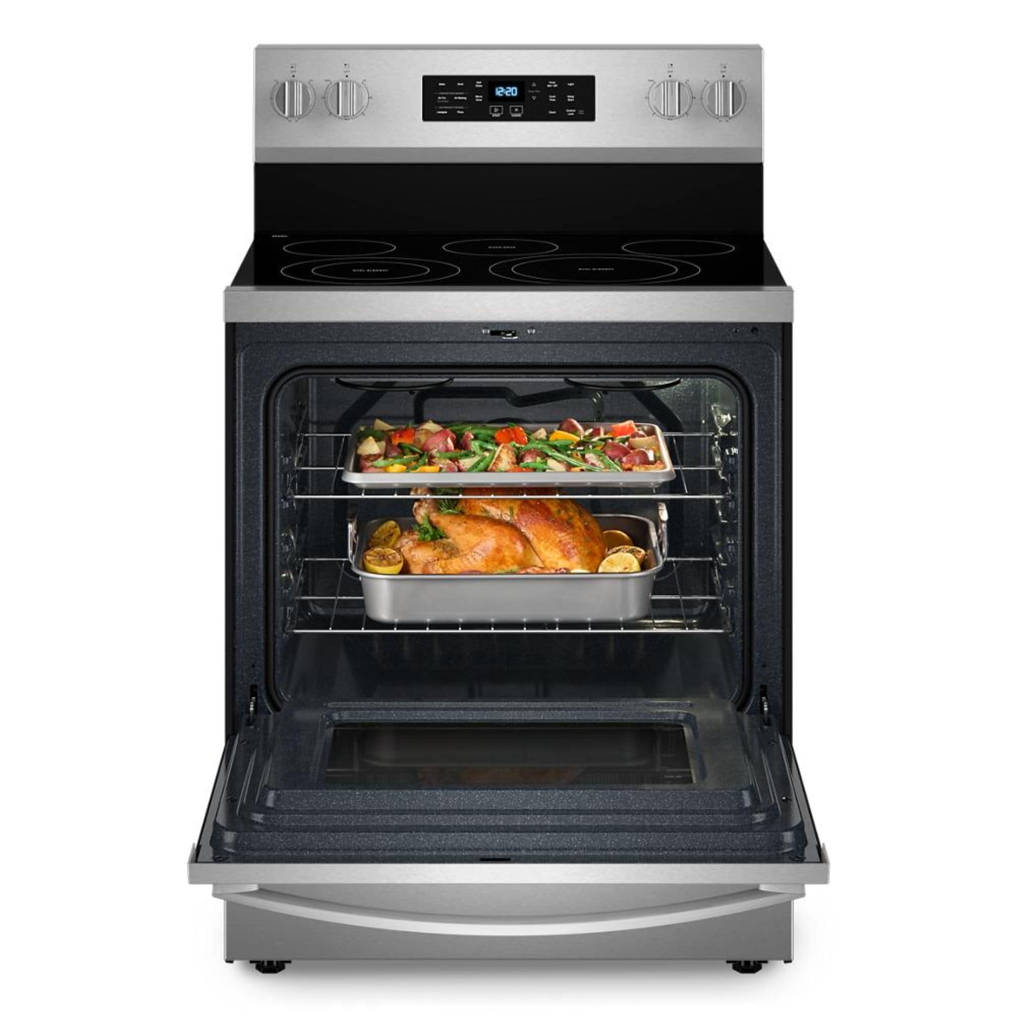 Tecnología de cocción al aire de Whirlpool 30" con cubierta de vidrio, 5 quemadores, horno de convección con freidora de aire de 5.3 pies cúbicos, gama eléctrica independiente (acero inoxidable resistente a huellas) WFES5030RZ
