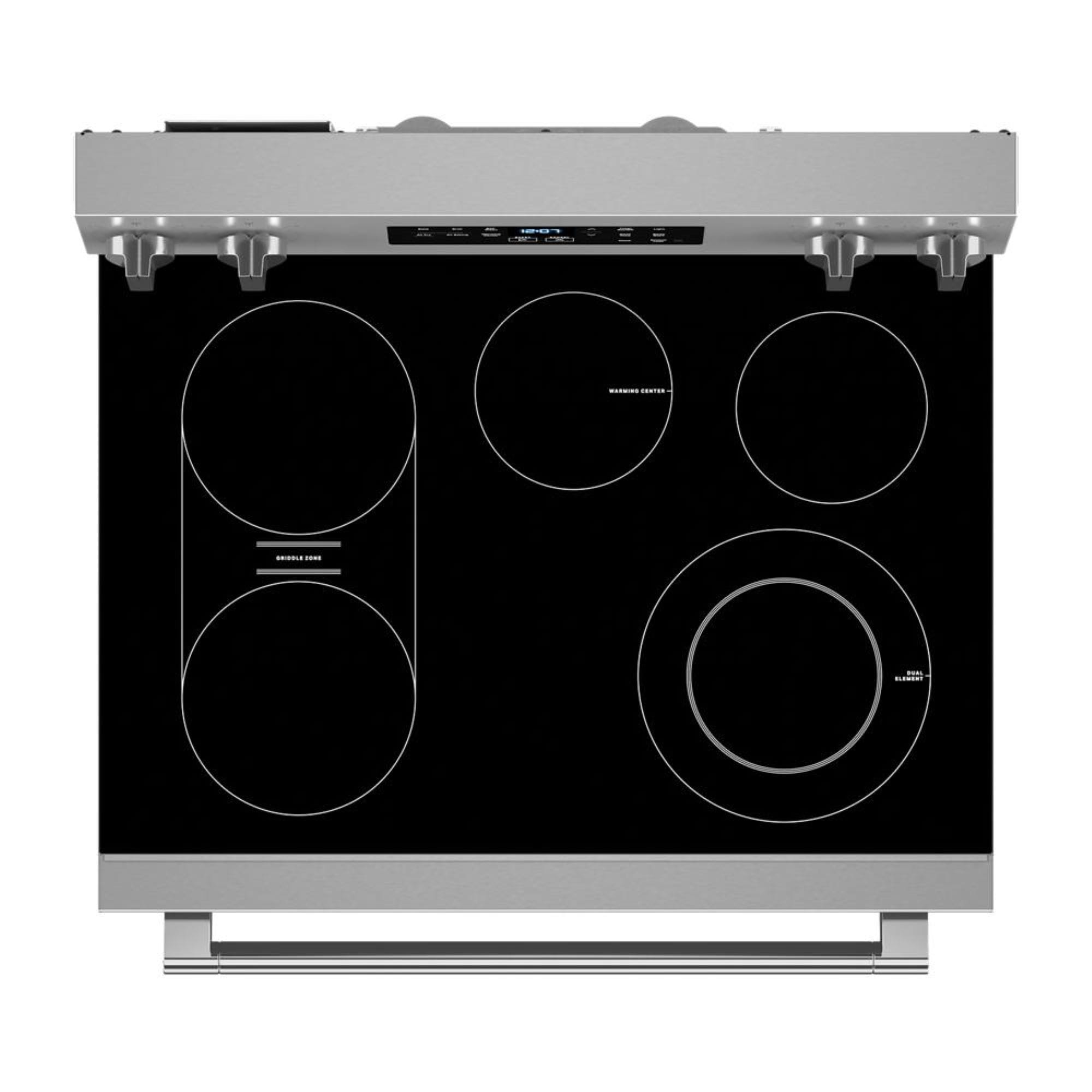Estufa eléctrica independiente con 5 quemadores de vidrio de 30 pulgadas y freidora de aire de 5.3 pies cúbicos - Acero inoxidable