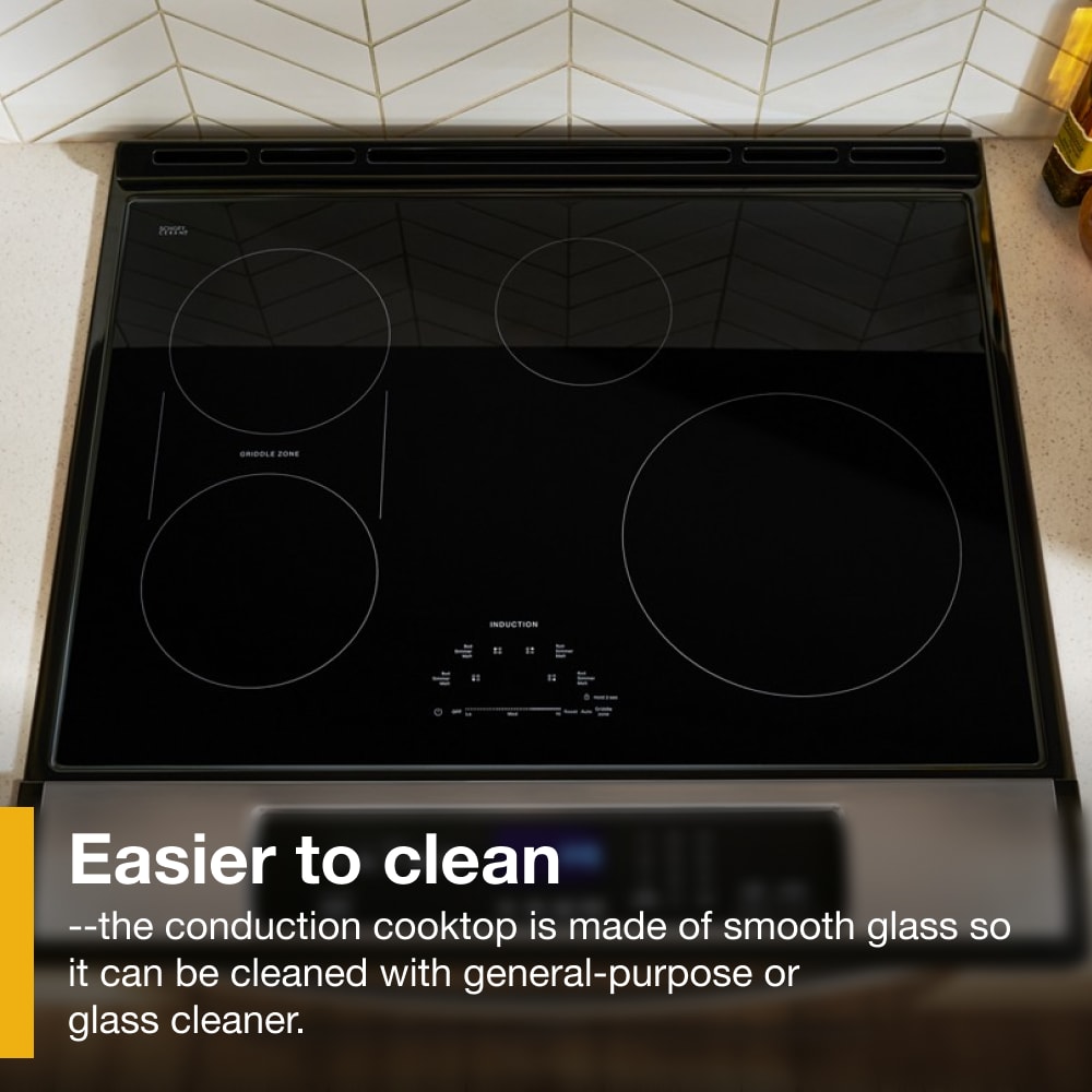 Estufa de Inducción de Pie Whirlpool con Horno de Convección de Aire y Freidora de 6,4 pies cúbicos, 4 Quemadores de 30 pulgadas (Acero Inoxidable a Pruebas de Huellas Dactilares)