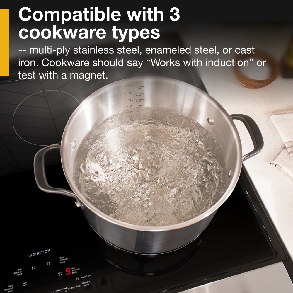 Estufa de Inducción de Pie Whirlpool con Horno de Convección de Aire y Freidora de 6,4 pies cúbicos, 4 Quemadores de 30 pulgadas (Acero Inoxidable a Pruebas de Huellas Dactilares)