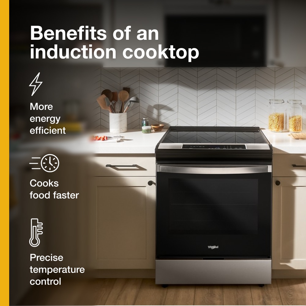 Estufa de Inducción de Pie Whirlpool con Horno de Convección de Aire y Freidora de 6,4 pies cúbicos, 4 Quemadores de 30 pulgadas (Acero Inoxidable a Pruebas de Huellas Dactilares)