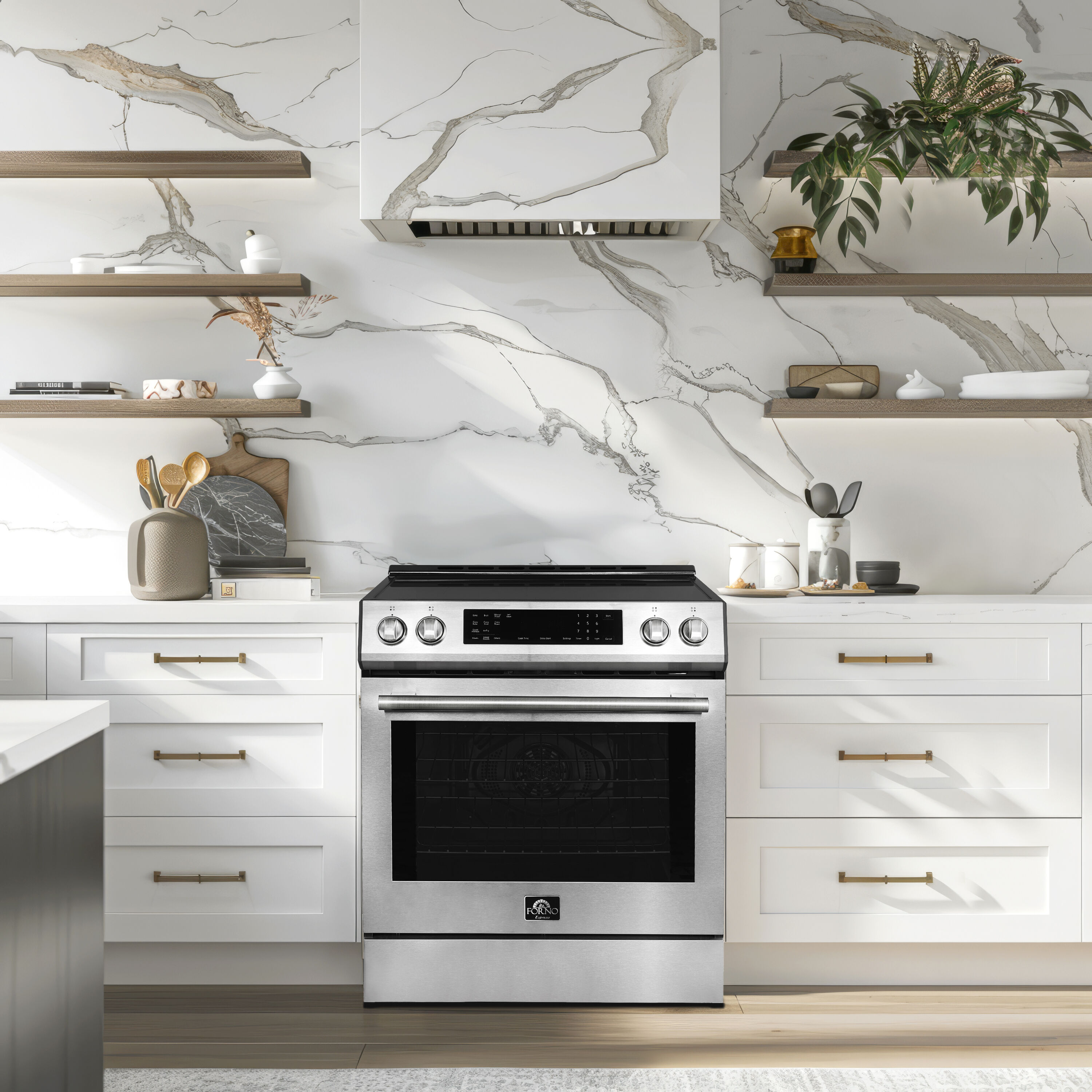 Horno Espresso Donatello de 30 pulgadas con 4 quemadores, horno de convección con freidora de aire de 5 pies cúbicos, estufa de inducción deslizable de un solo quemador (acero inoxidable)