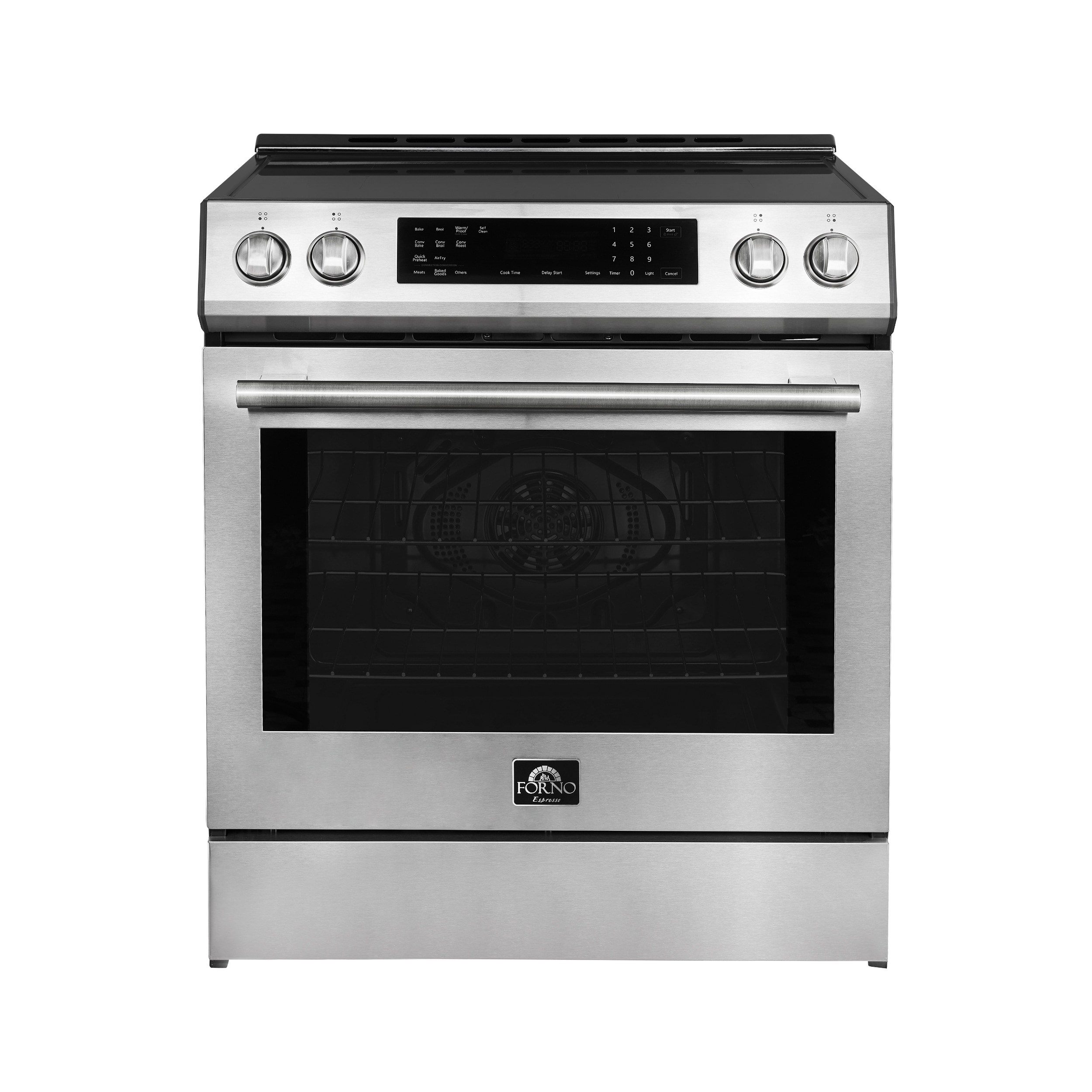 Horno Espresso Donatello de 30 pulgadas con 4 quemadores, horno de convección con freidora de aire de 5 pies cúbicos, estufa de inducción deslizable de un solo quemador (acero inoxidable)