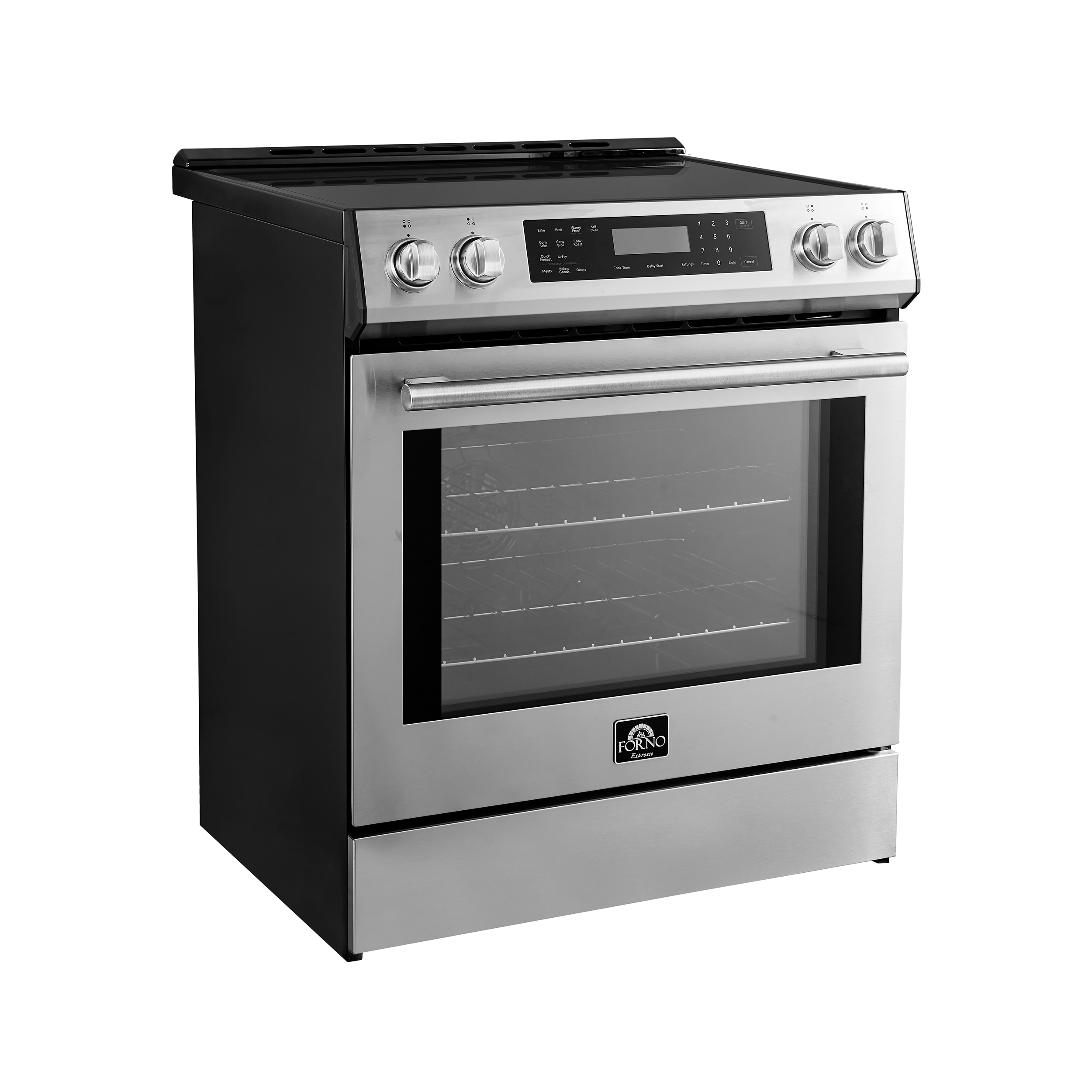 Horno Espresso Donatello de 30 pulgadas con 4 quemadores, horno de convección con freidora de aire de 5 pies cúbicos, estufa de inducción deslizable de un solo quemador (acero inoxidable)