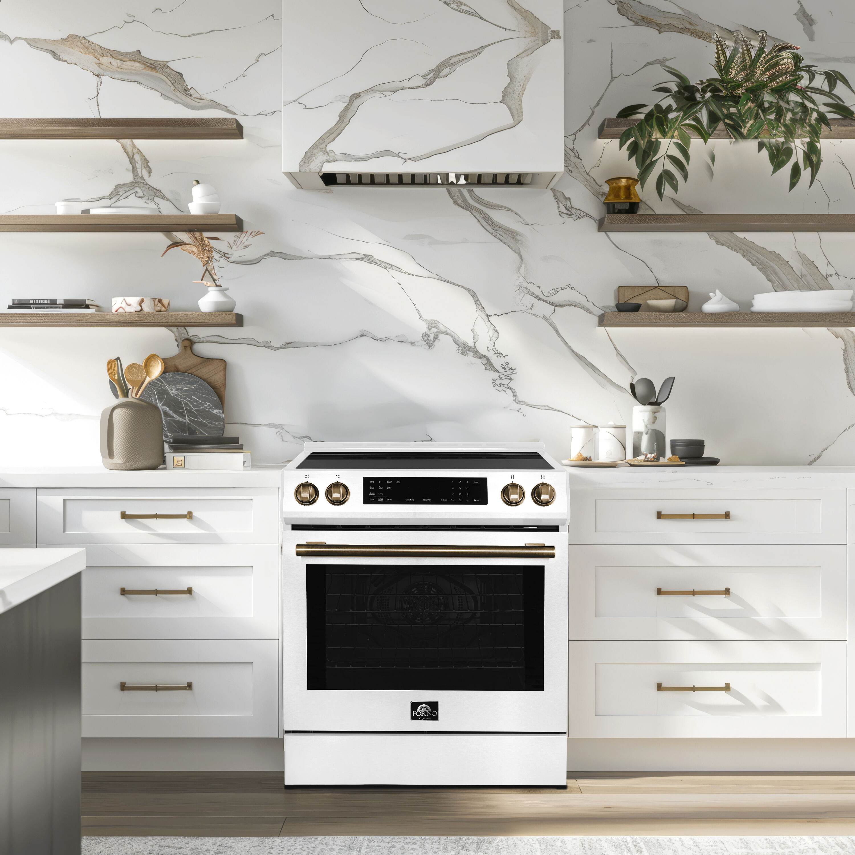 Horno Donatello de 30 pulgadas con 4 quemadores y horno de convección de 5 pies cúbicos con aire caliente. Estufa de inducción deslizable de un quemador (blanca) FFSIN0905-30BLANCA.