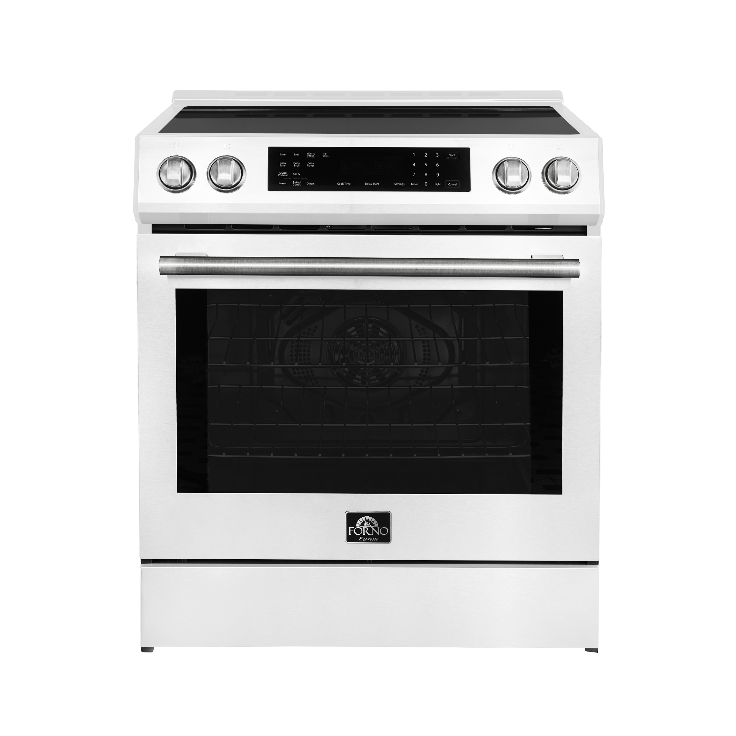 Horno Donatello de 30 pulgadas con 4 quemadores y horno de convección de 5 pies cúbicos con aire caliente. Estufa de inducción deslizable de un quemador (blanca) FFSIN0905-30BLANCA.