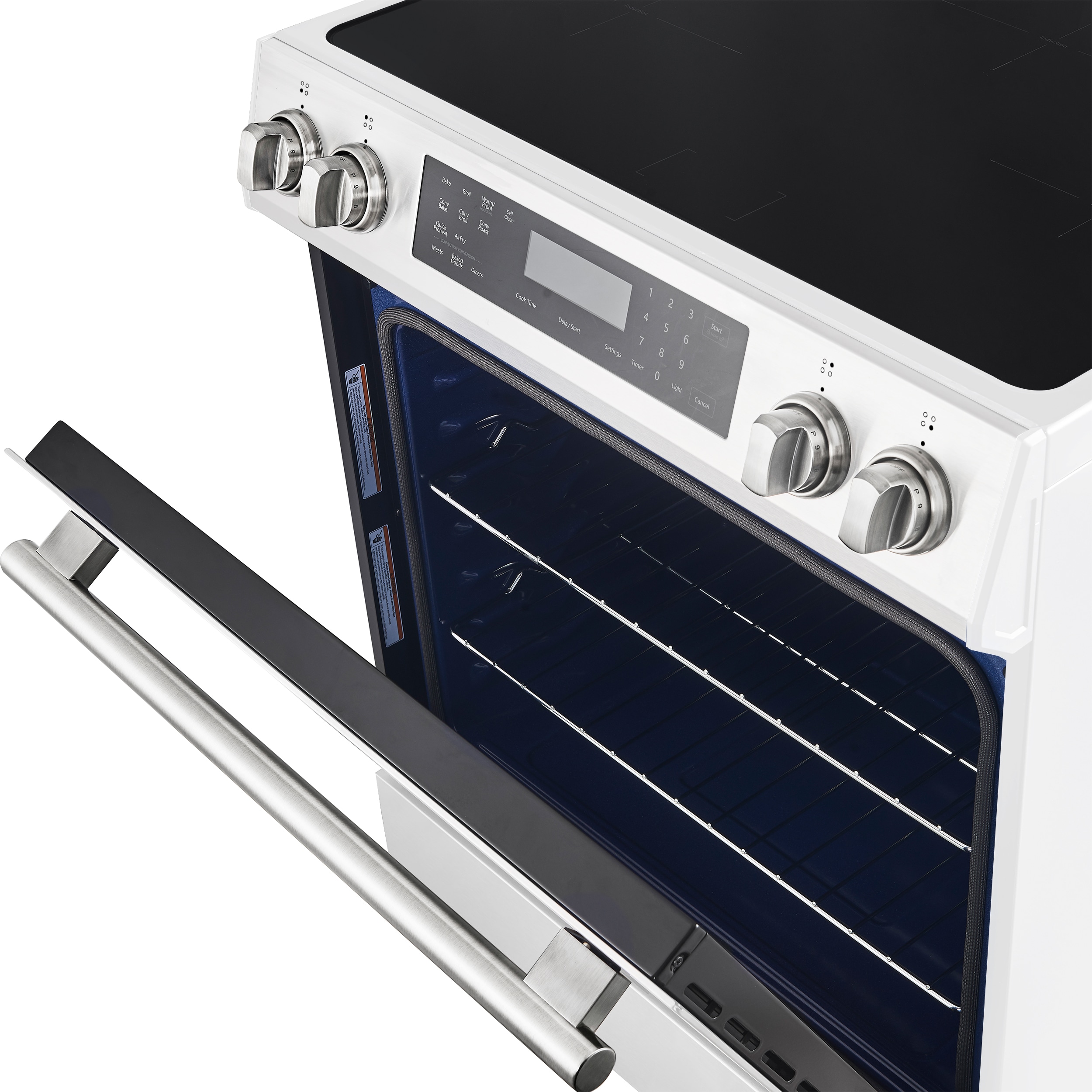Horno Donatello de 30 pulgadas con 4 quemadores y horno de convección de 5 pies cúbicos con aire caliente. Estufa de inducción deslizable de un quemador (blanca) FFSIN0905-30BLANCA.