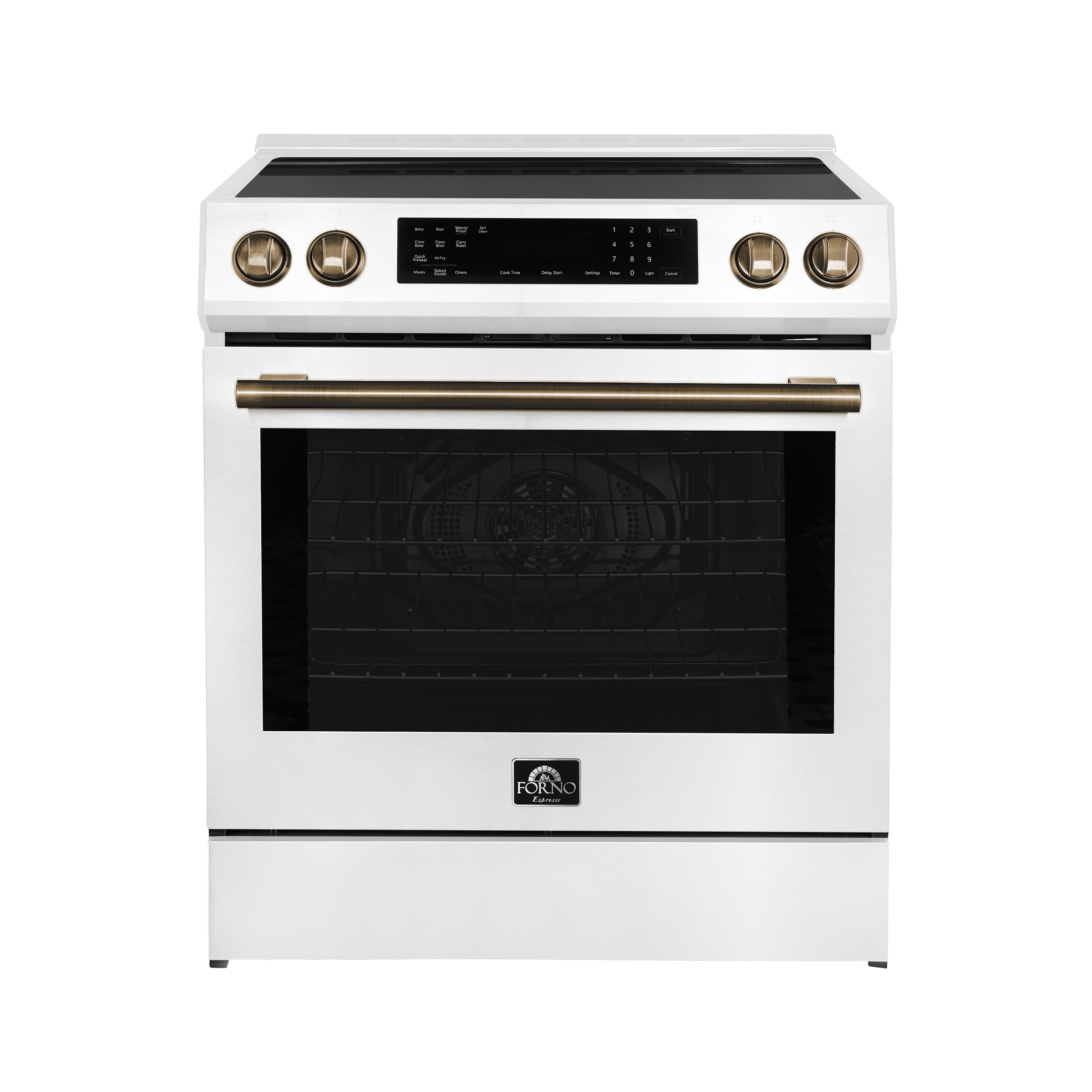 Horno Donatello de 30 pulgadas con 4 quemadores y horno de convección de 5 pies cúbicos con aire caliente. Estufa de inducción deslizable de un quemador (blanca) FFSIN0905-30BLANCA.