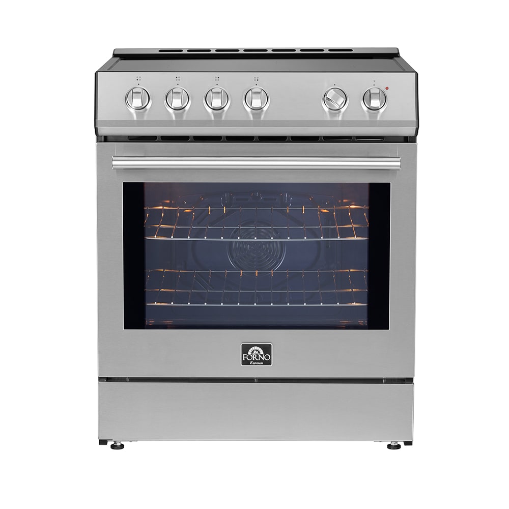 Estufa eléctrica deslizable con horno de convección de 5 pies cúbicos y 4 quemadores en la parte superior de vidrio de 30 pulgadas de acero inoxidable FORNO Leonardo Espresso