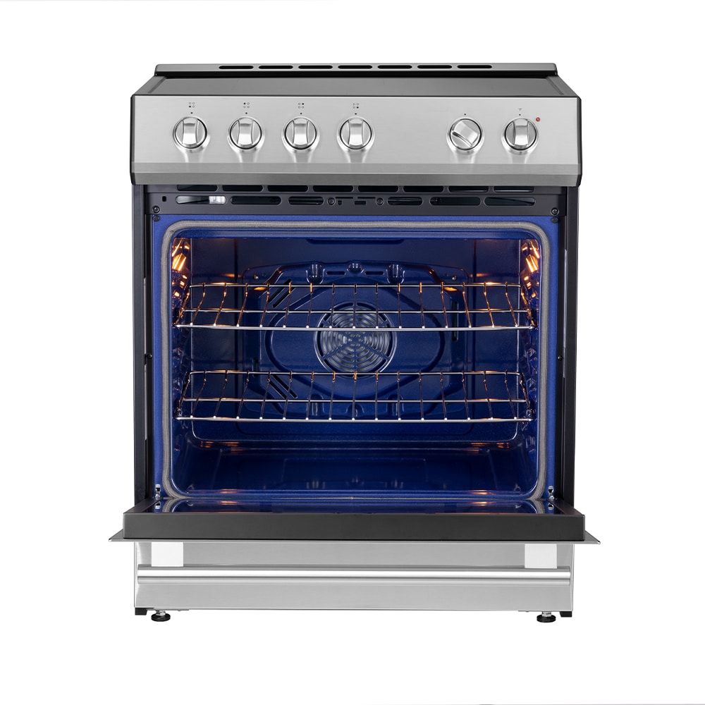 Estufa eléctrica deslizable con horno de convección de 5 pies cúbicos y 4 quemadores en la parte superior de vidrio de 30 pulgadas de acero inoxidable FORNO Leonardo Espresso