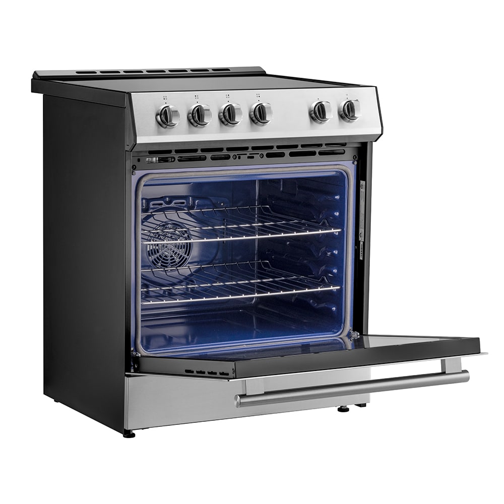 Estufa eléctrica deslizable con horno de convección de 5 pies cúbicos y 4 quemadores en la parte superior de vidrio de 30 pulgadas de acero inoxidable FORNO Leonardo Espresso