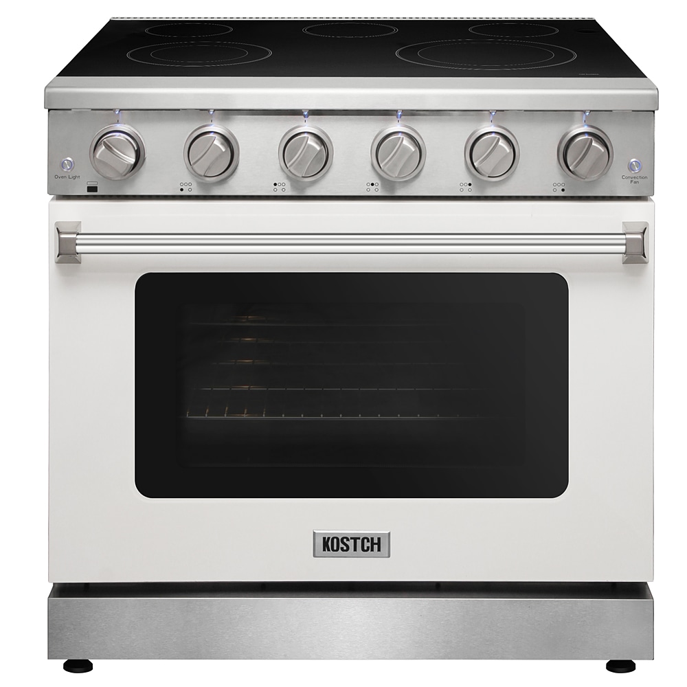 Estufa eléctrica independiente con horno de convección de 6 pies cúbicos y 5 quemadores con cubierta de vidrio de 36 pulgadas en color blanco