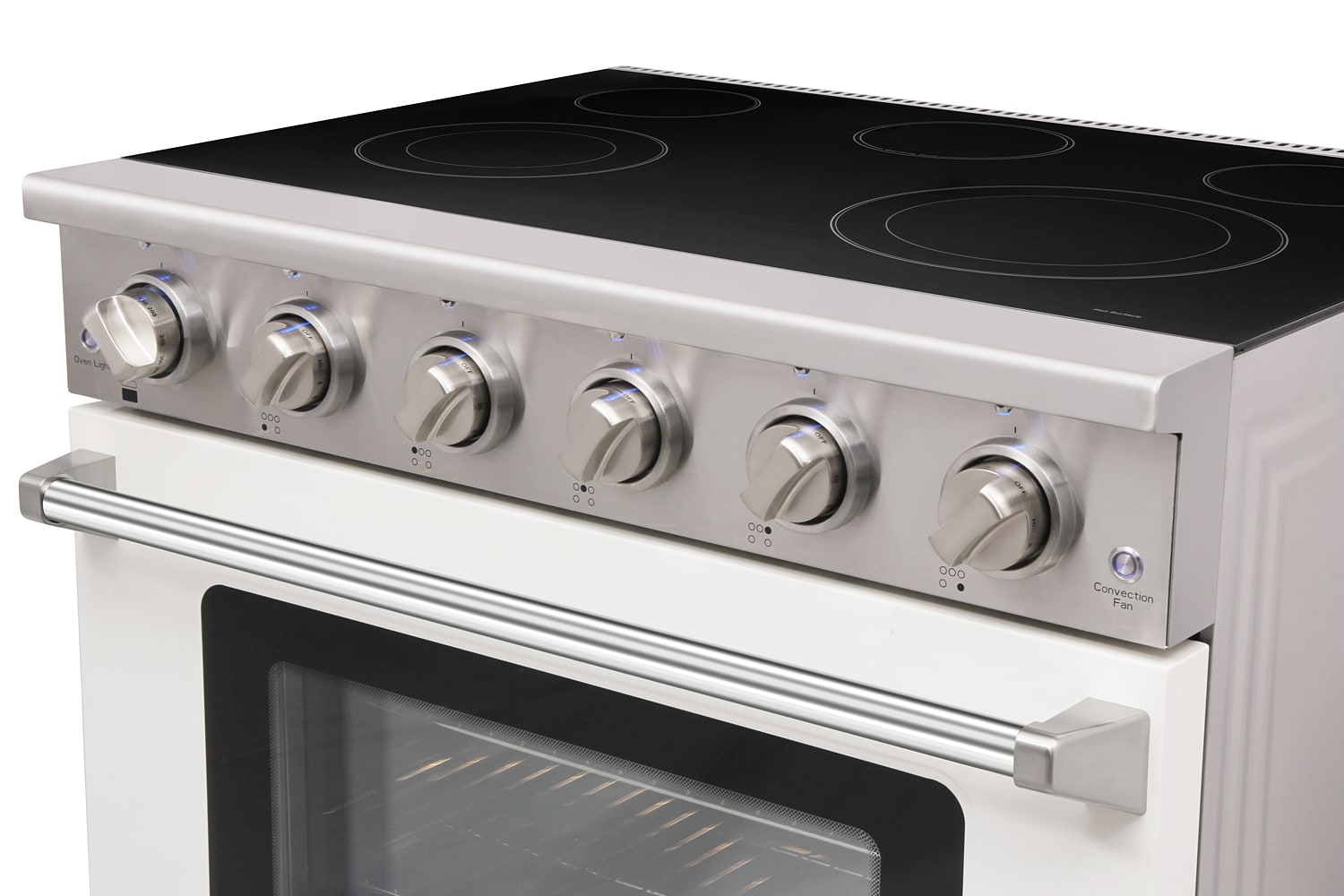 Estufa eléctrica independiente con horno de convección de 6 pies cúbicos y 5 quemadores con cubierta de vidrio de 36 pulgadas en color blanco