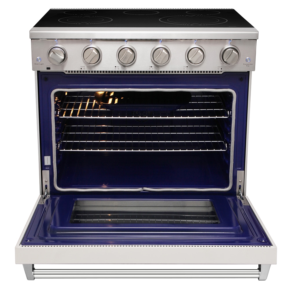 Estufa eléctrica independiente con horno de convección de 6 pies cúbicos y 5 quemadores con cubierta de vidrio de 36 pulgadas en color blanco