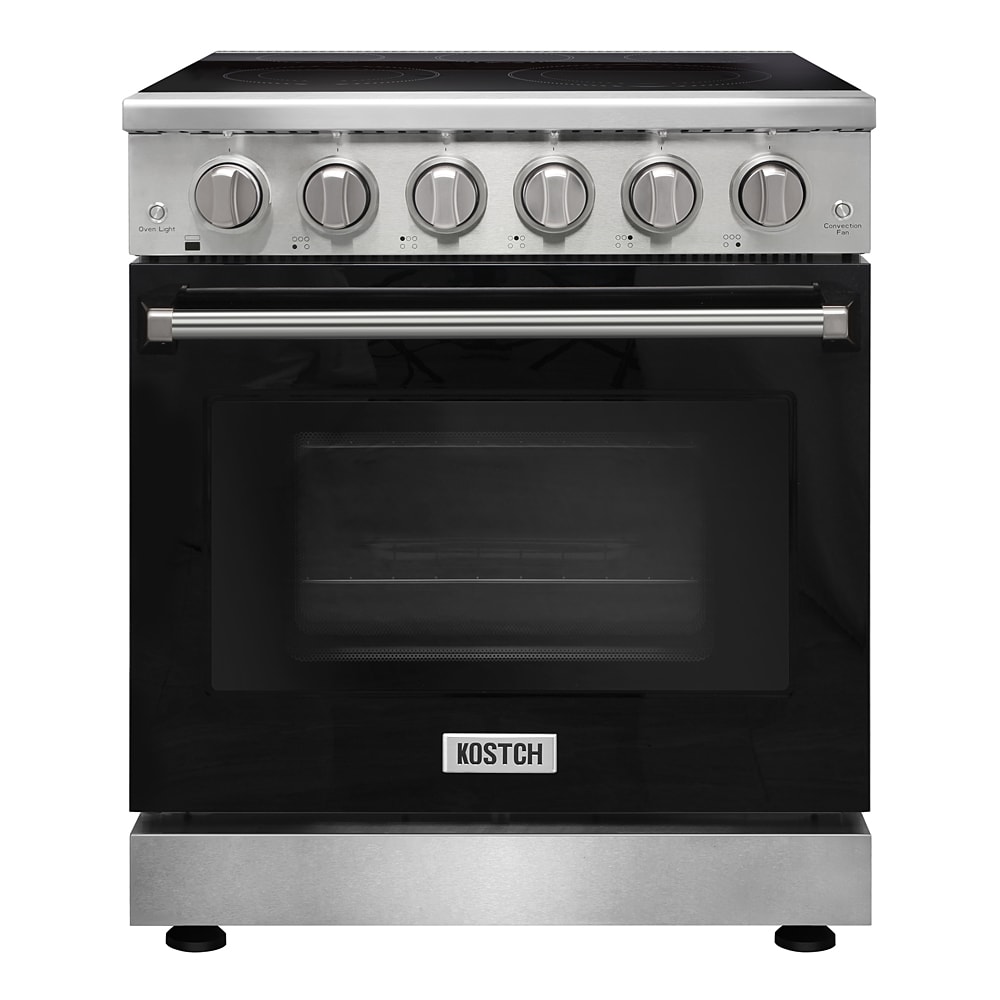 Estufa eléctrica independiente con horno de convección de 4.55 pies cúbicos y 5 quemadores en la parte superior de vidrio de 30 pulgadas en color negro.