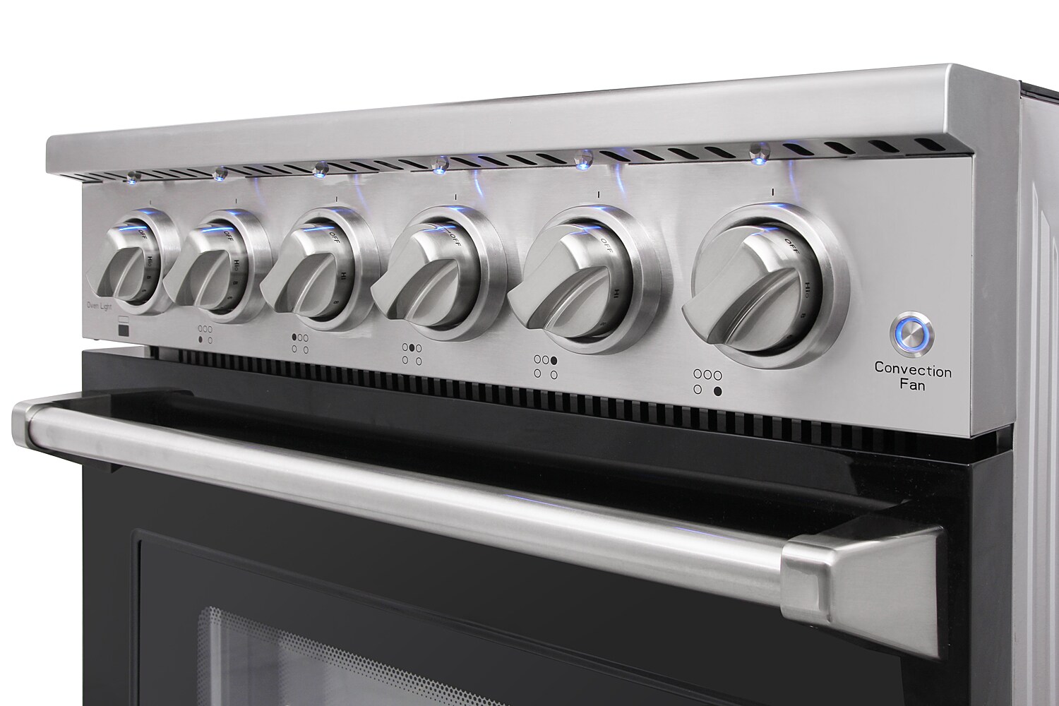 Estufa eléctrica independiente con horno de convección de 4.55 pies cúbicos y 5 quemadores en la parte superior de vidrio de 30 pulgadas en color negro.