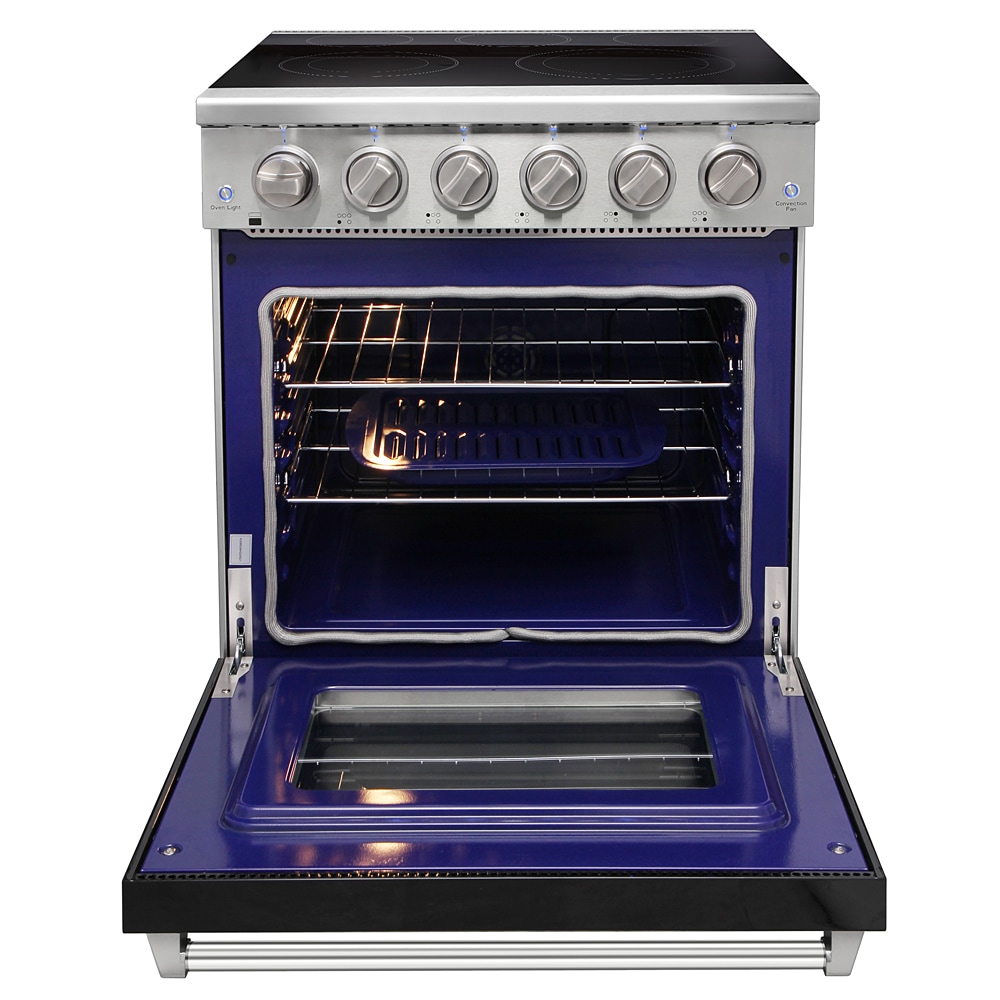 Estufa eléctrica independiente con horno de convección de 4.55 pies cúbicos y 5 quemadores en la parte superior de vidrio de 30 pulgadas en color negro.