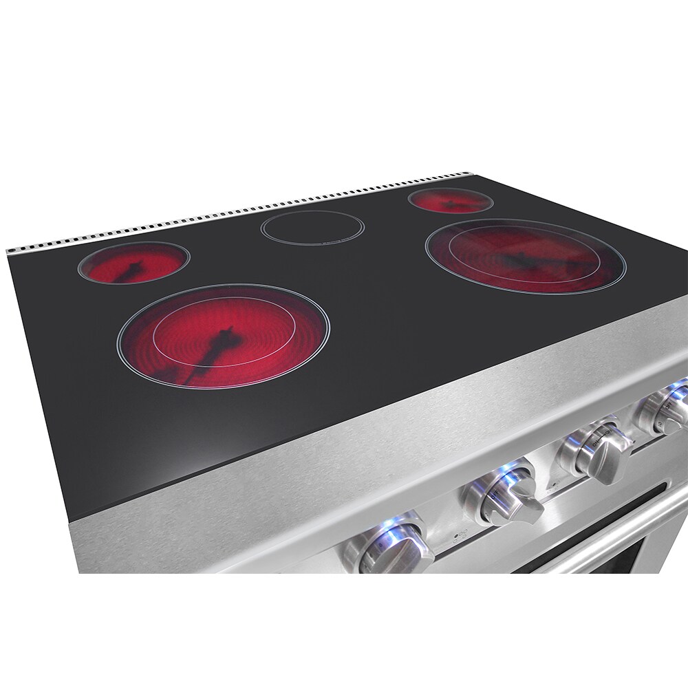 Estufa eléctrica independiente con horno de convección de 4.55 pies cúbicos y 5 quemadores en la parte superior de vidrio de 30 pulgadas en color negro.