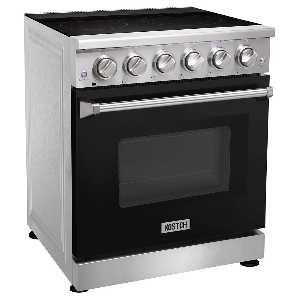 Estufa eléctrica independiente con horno de convección de 4.55 pies cúbicos y 5 quemadores en la parte superior de vidrio de 30 pulgadas en color negro.