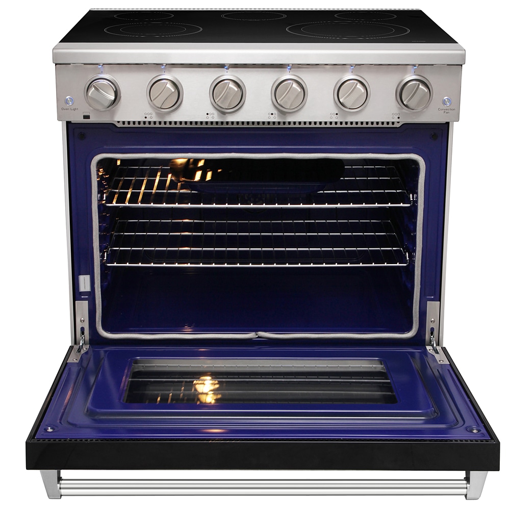 Estufa Eléctrica de Piso con Horno de Convección de 6 pies cúbicos, 5 Quemadores y Cubierta de Cristal de 36 pulgadas en Color Negro