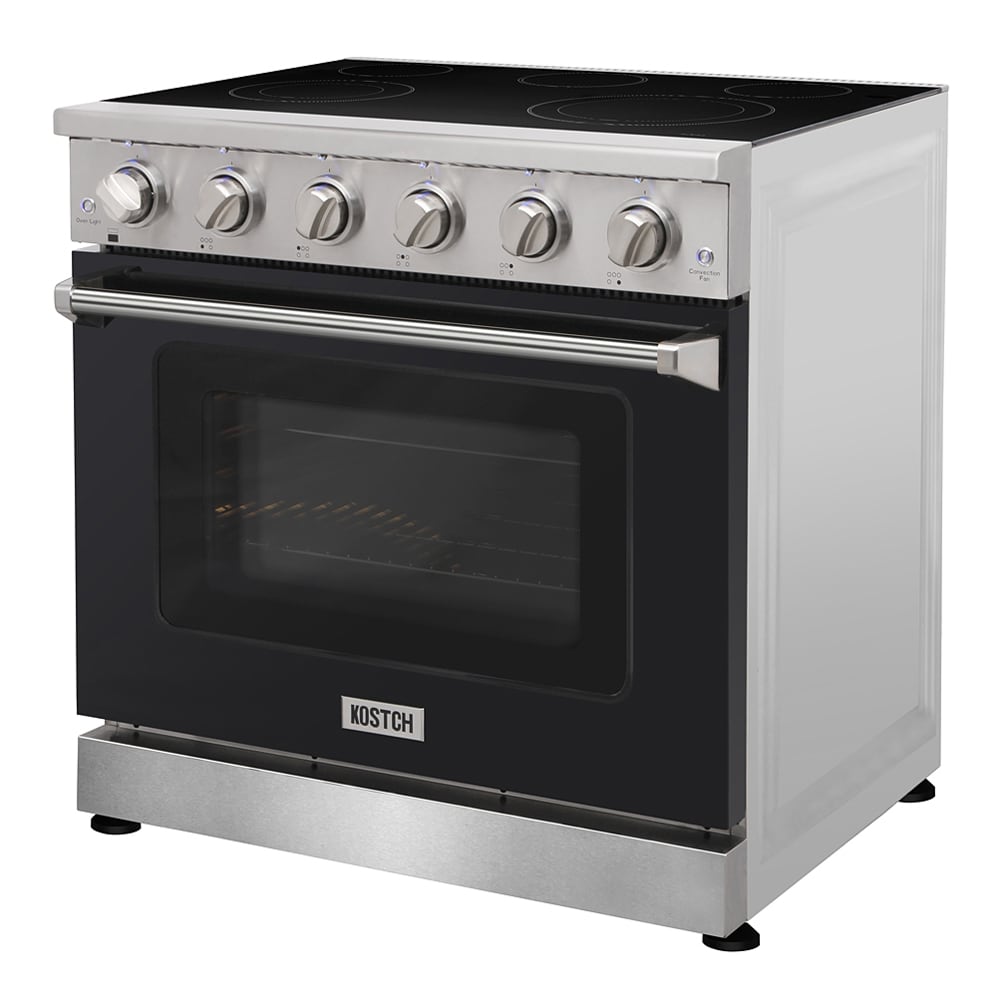 Estufa Eléctrica de Piso con Horno de Convección de 6 pies cúbicos, 5 Quemadores y Cubierta de Cristal de 36 pulgadas en Color Negro