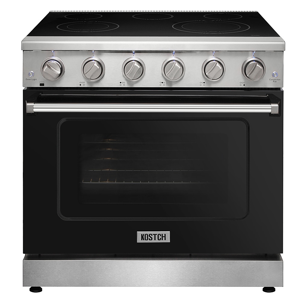 Estufa Eléctrica de Piso con Horno de Convección de 6 pies cúbicos, 5 Quemadores y Cubierta de Cristal de 36 pulgadas en Color Negro