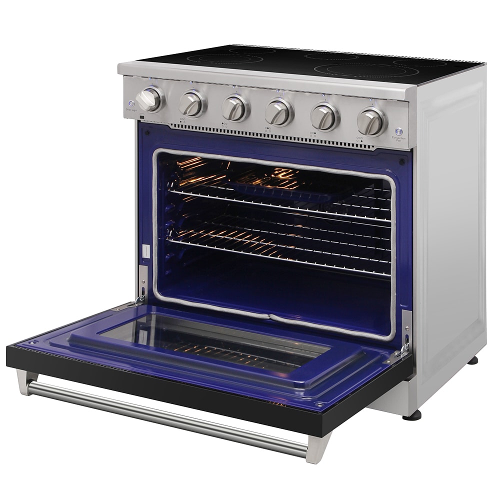 Estufa Eléctrica de Piso con Horno de Convección de 6 pies cúbicos, 5 Quemadores y Cubierta de Cristal de 36 pulgadas en Color Negro