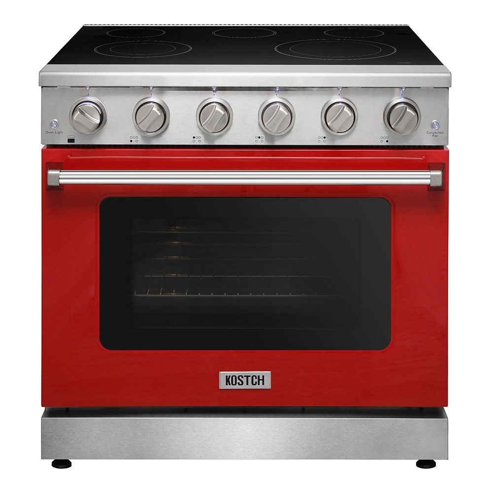 Estufa Eléctrica Independiente de 36 pulgadas con Cubierta de Vidrio y Horno de Convección de 6 pies cúbicos con 5 Quemadores - Rojo