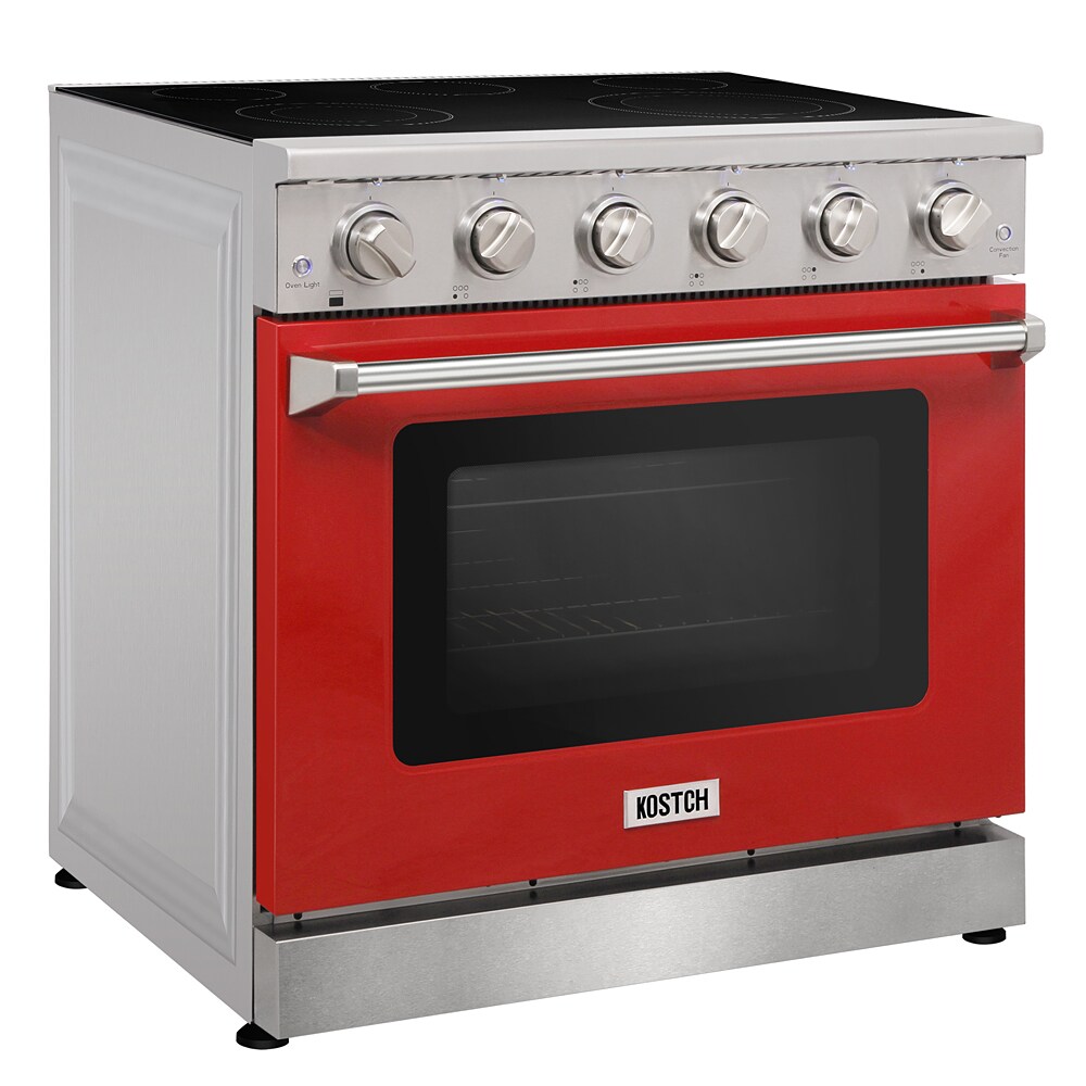 Estufa Eléctrica Independiente de 36 pulgadas con Cubierta de Vidrio y Horno de Convección de 6 pies cúbicos con 5 Quemadores - Rojo
