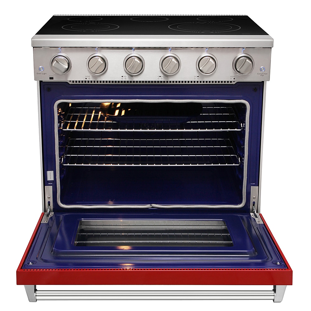 Estufa Eléctrica Independiente de 36 pulgadas con Cubierta de Vidrio y Horno de Convección de 6 pies cúbicos con 5 Quemadores - Rojo