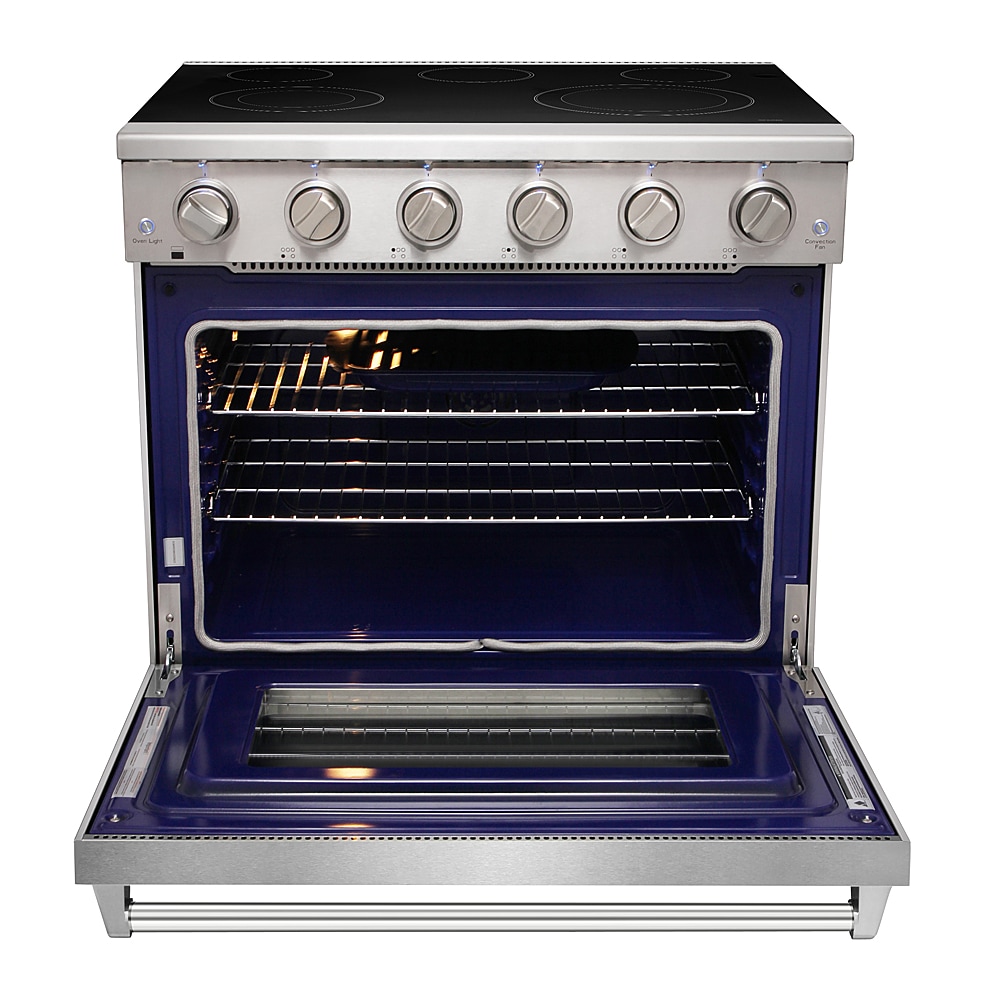 Estufa eléctrica independiente de 36 pulgadas con tapa de vidrio, 5 quemadores y horno de convección de 6 pies cúbicos en acero inoxidable.