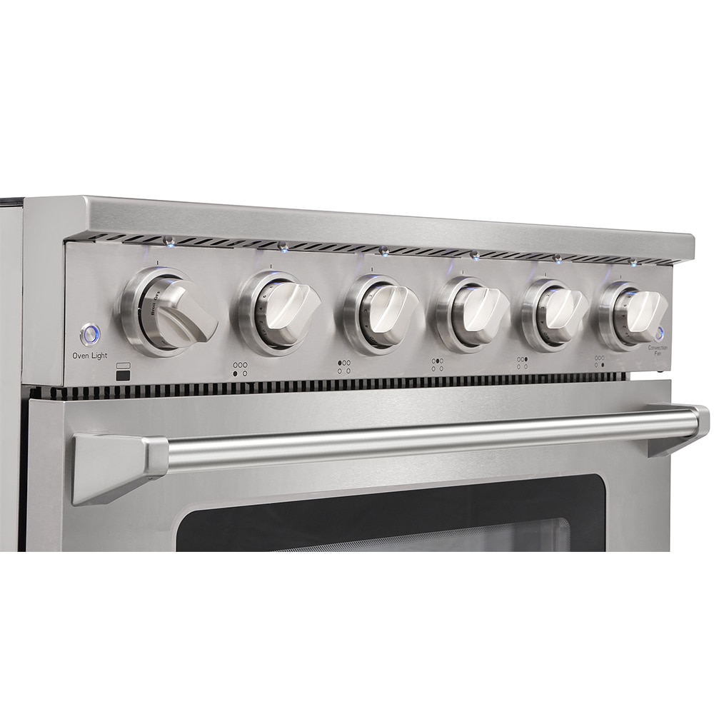 Estufa eléctrica independiente de 36 pulgadas con tapa de vidrio, 5 quemadores y horno de convección de 6 pies cúbicos en acero inoxidable.