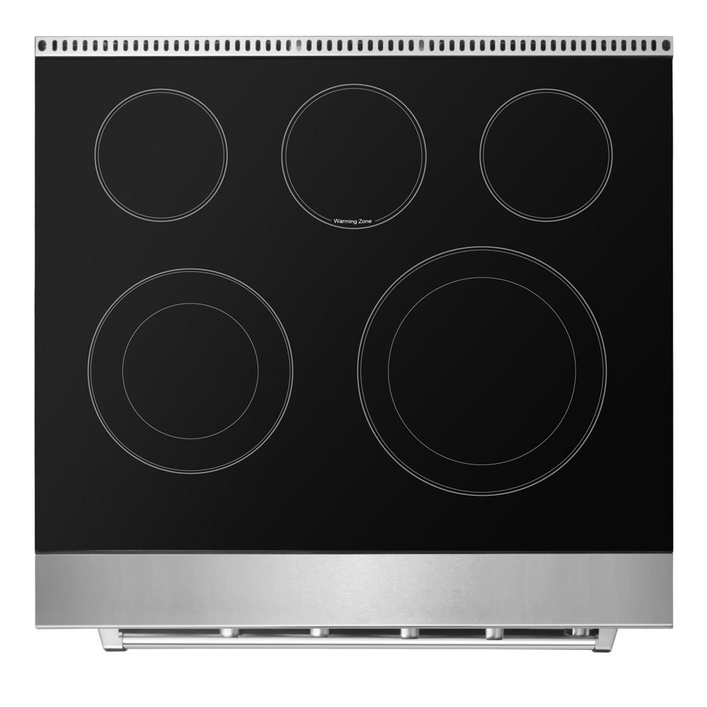 Estufa eléctrica independiente con horno de convección de 4.55 pies cúbicos, 5 quemadores y encimera de cristal de 30 pulgadas en color blanco.