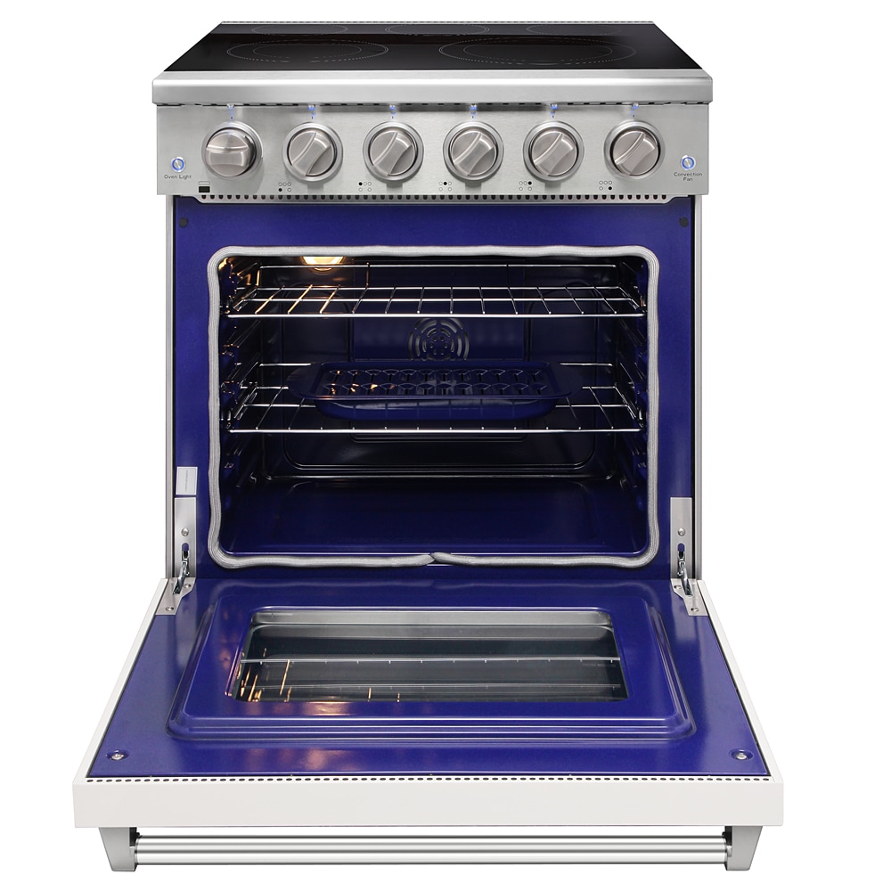 Estufa eléctrica independiente con horno de convección de 4.55 pies cúbicos, 5 quemadores y encimera de cristal de 30 pulgadas en color blanco.