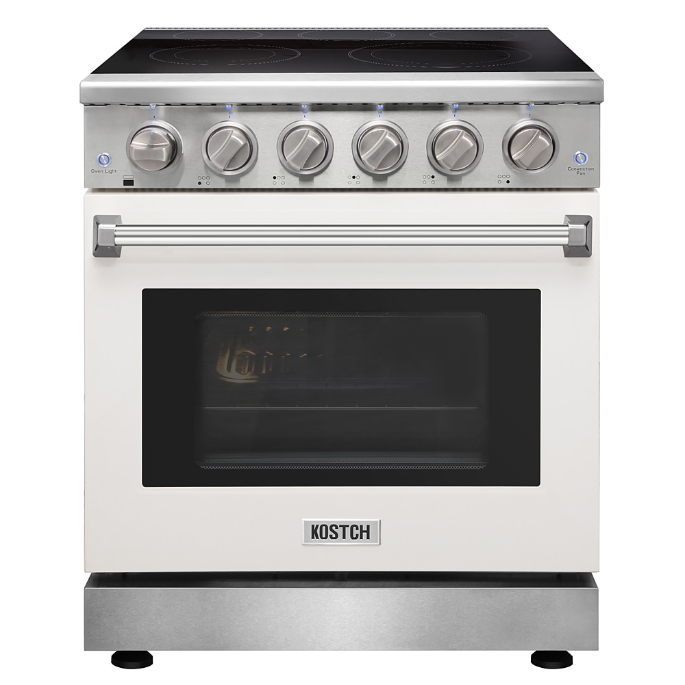 Estufa eléctrica independiente con horno de convección de 4.55 pies cúbicos, 5 quemadores y encimera de cristal de 30 pulgadas en color blanco.