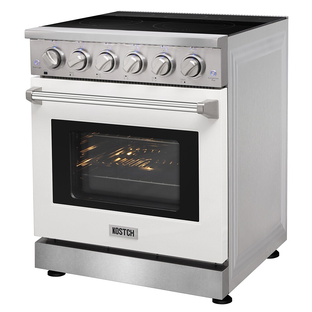 Estufa eléctrica independiente con horno de convección de 4.55 pies cúbicos, 5 quemadores y encimera de cristal de 30 pulgadas en color blanco.
