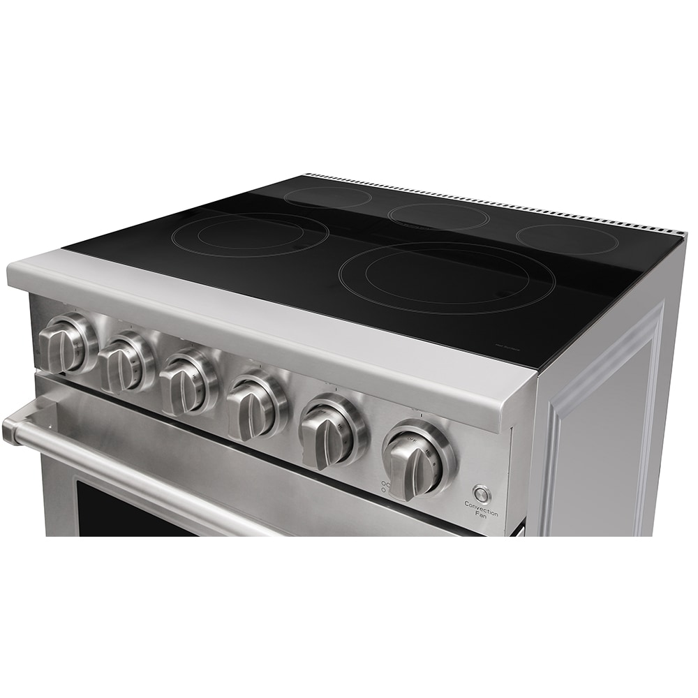 Estufa eléctrica independiente con horno de convección de 4.55 pies cúbicos, 5 quemadores y superficie de vidrio de 30 pulgadas en acero inoxidable