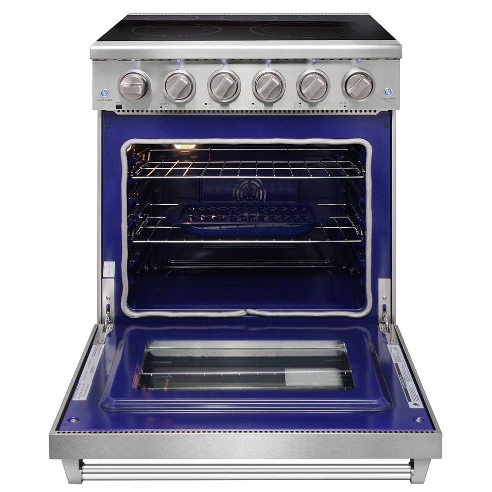 Estufa eléctrica independiente con horno de convección de 4.55 pies cúbicos, 5 quemadores y superficie de vidrio de 30 pulgadas en acero inoxidable